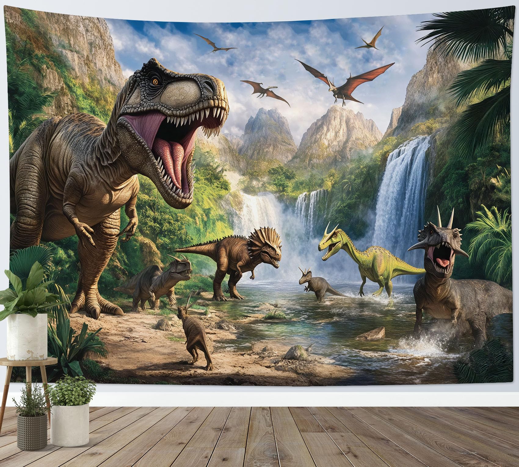 LB Funny Dinosaur Tapestry Wall Hanging Wild Animals Green Forest Mountain Wall Decor for Living Room Bedroom Home Office,92x70 inch โ image 1