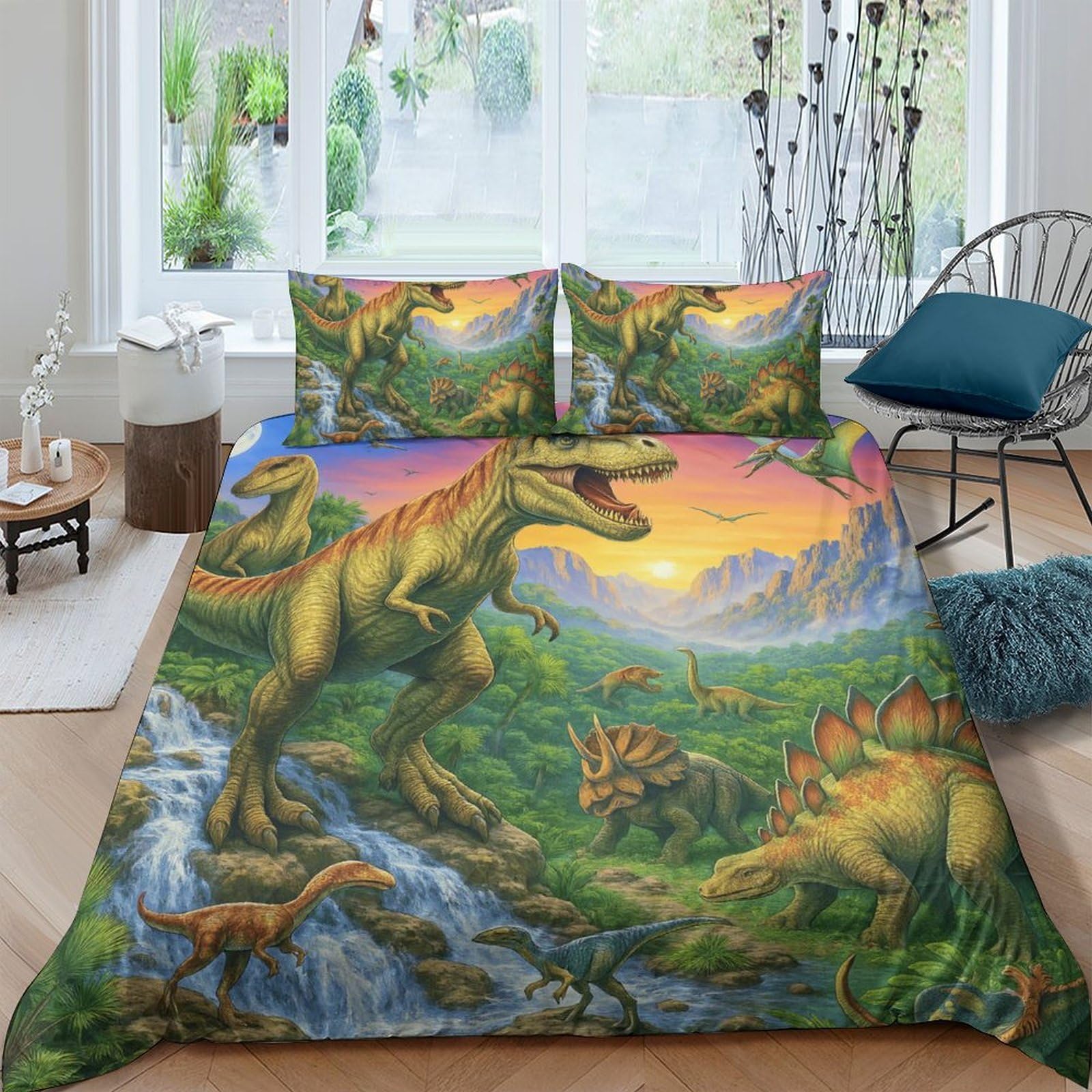 Ctjqhvkz Style-2 3D Printed Dinosaur Jungle Fitted Sheet Microfiber Soft Green Forest Mattress Cover For Bedroom Guest Room Decor Single（135X200cm）