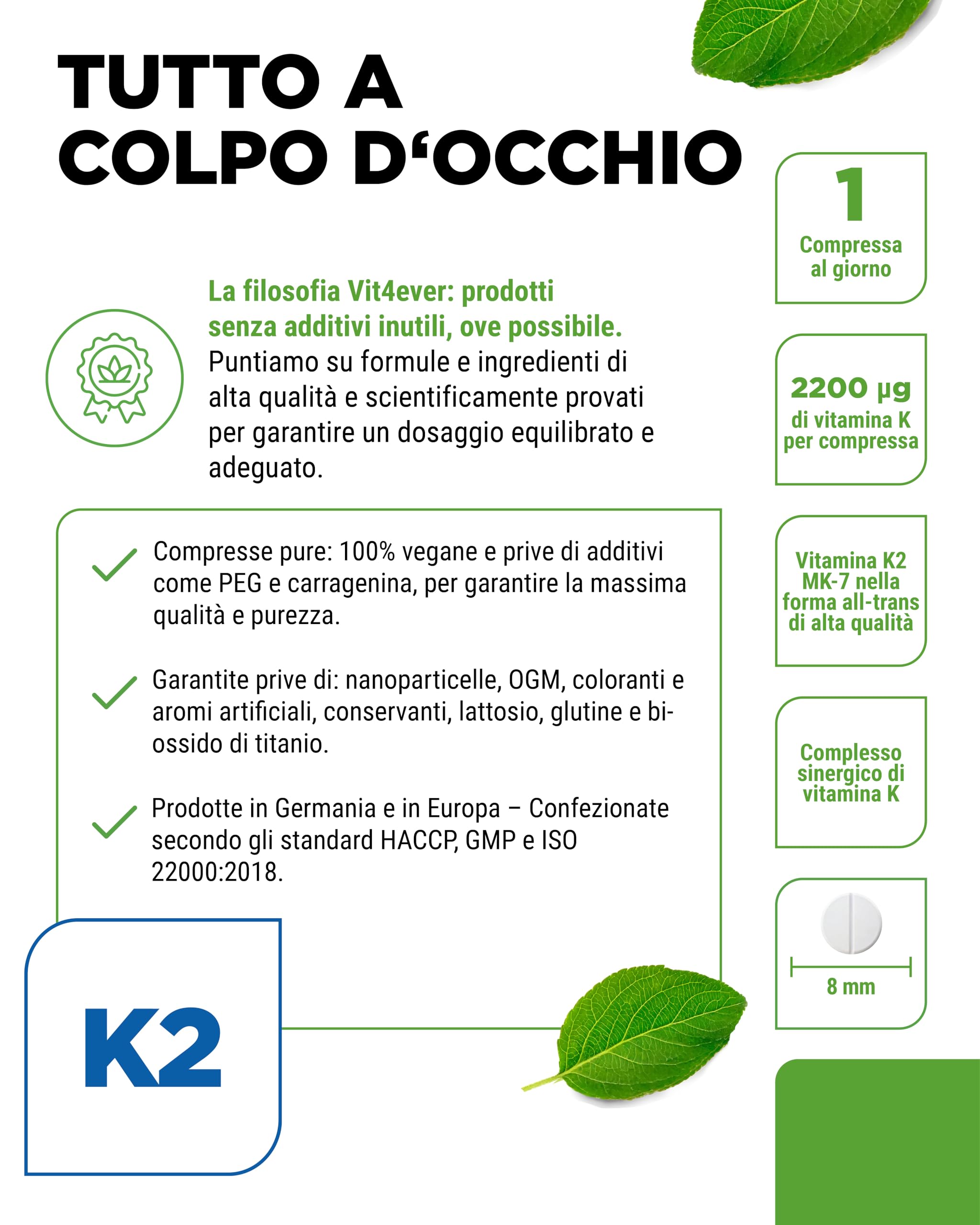 Complesso di Vitamina K - 180 Compresse - Alto Dosaggio con 1.000 µg di Vitamina K1 + K2 Menachinone (1.000 µg MK4 + 200 µg MK7) - Senza additivi inutili, vegano