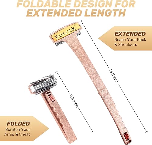 Miniatura 3 de RENOOK - Rascador de espalda, rascador de espalda de color champán brillante curvo y de mango largo con rodillos de masaje, bonito regalo de Navidad
