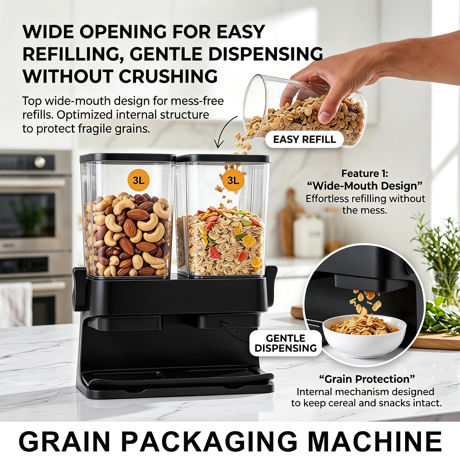 Müslispender 2er Set 3l Luftdichter Cornflakes Spender Behälter Große Kapazität Automatic Rice Storage Geeignet Klare Frischhaltedosen mit Deckel für Müsli Snacks Cereal Dispenser (Schwarz)