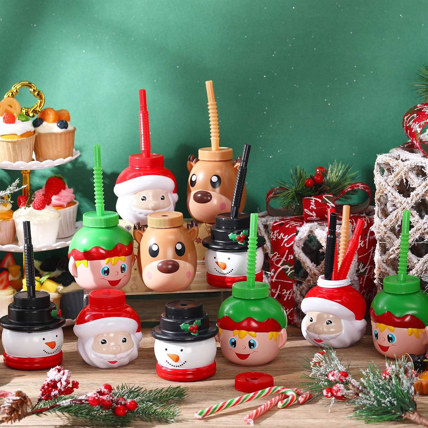 Sliner 12 Pack Christmas Party Favor Gift Cups with Straws and Lids,10 oz Christmas Plastic Cups Cute Santa Claus Elk Snowman for Winter Xmas Holiday Birthday Party Gifts Supplies