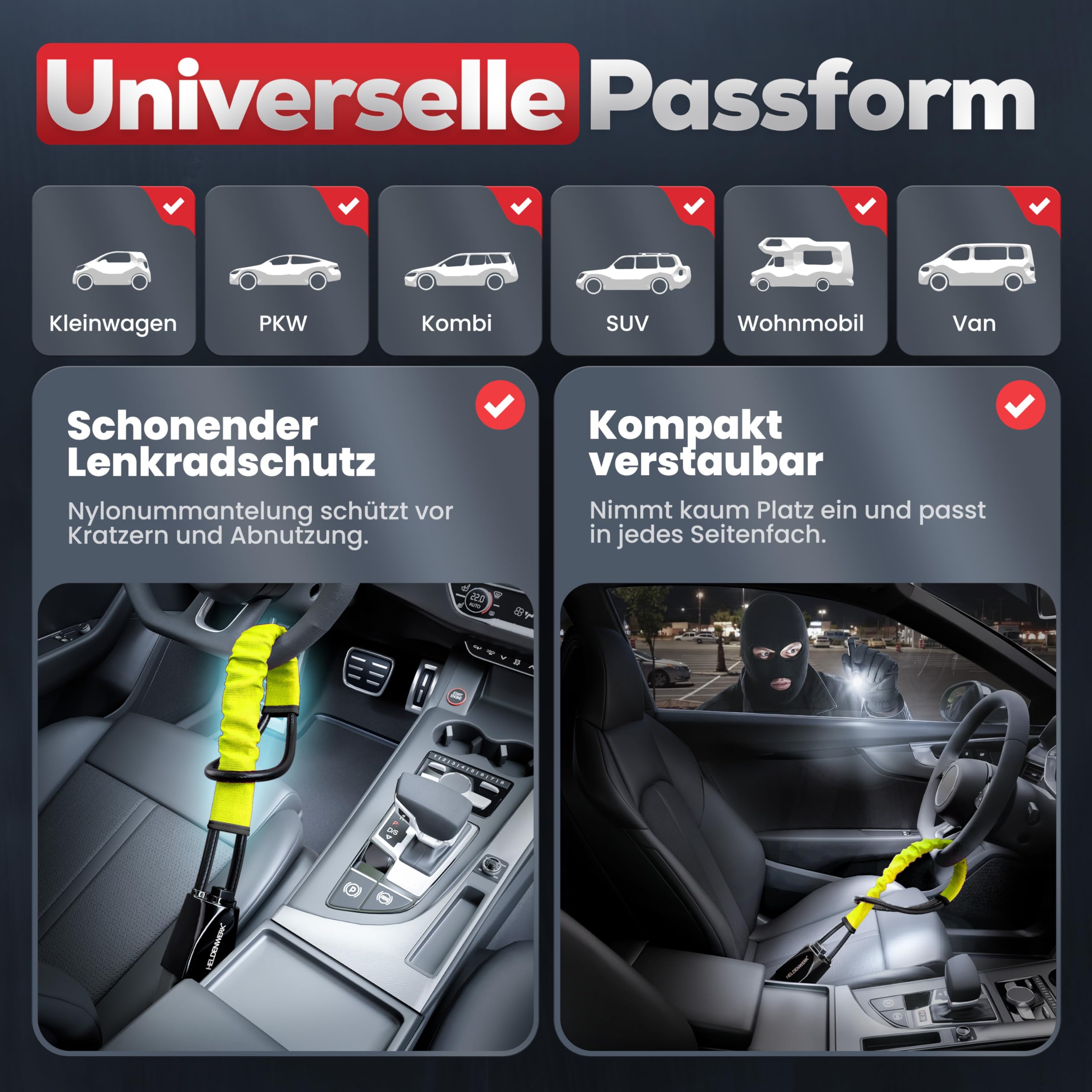 HELDENWERK® Lenkradkralle für Auto & Wohnmobil aus Metall - Universelle Passform - Lenkradschloss mit dickem Stahlseil - Wegfahrsperre Diebstahlsicherung mit 3 Sicherheitsschlüsseln (Gelb)