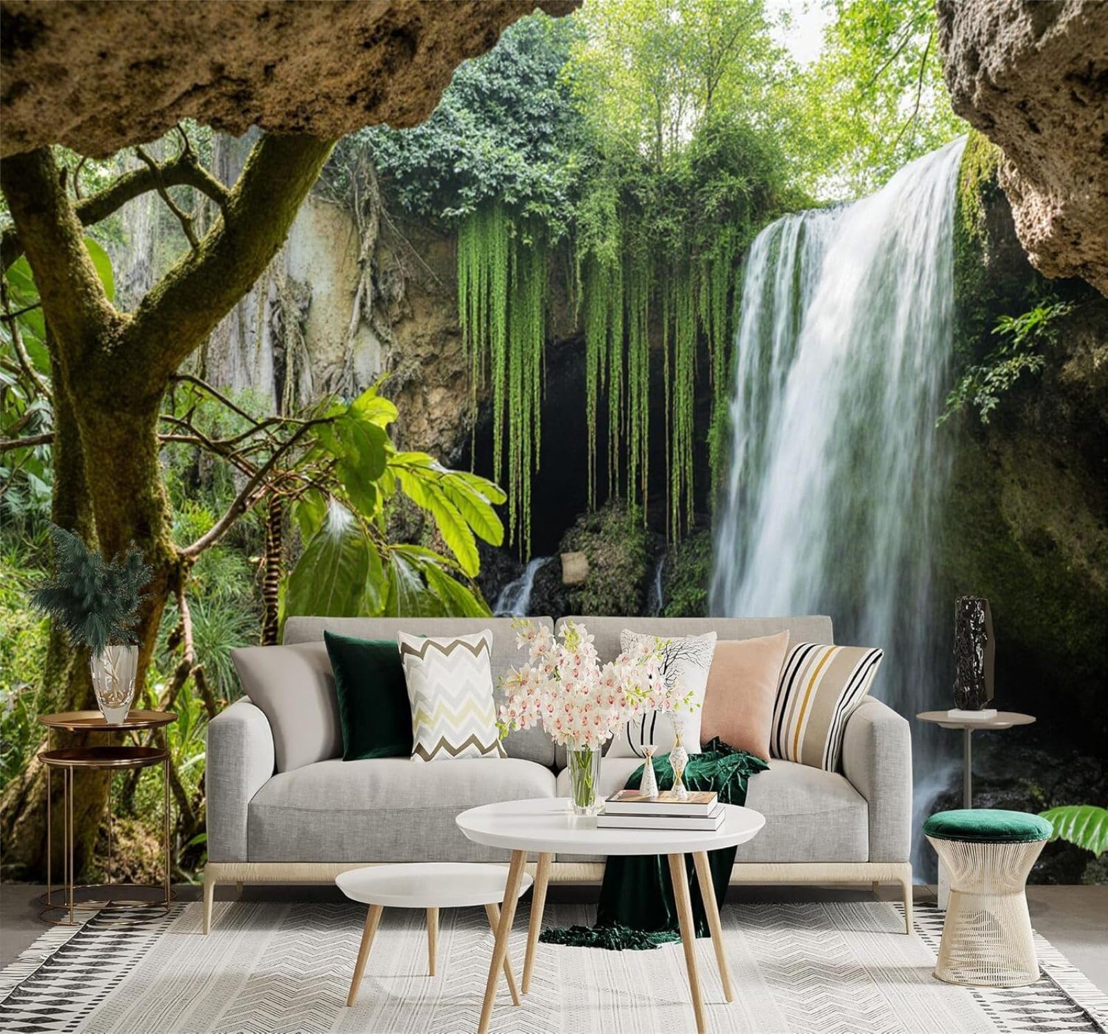 XLMING Fresh Tropical Waterfall Lush Forest Flowing River 3D Wallpaper Premium Textured Silk Study Dining Living Room Bedroom Sofa TV Wall Easy Install-400cm×280cm