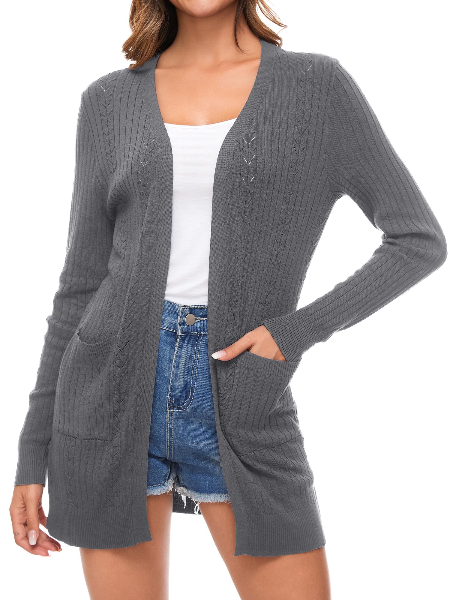 Famrrifuu Damen Strickjacke Lang Cardigan Sommer Leichte Jacke Casual Langarm Elegant Sommerjacke mit Tasche
