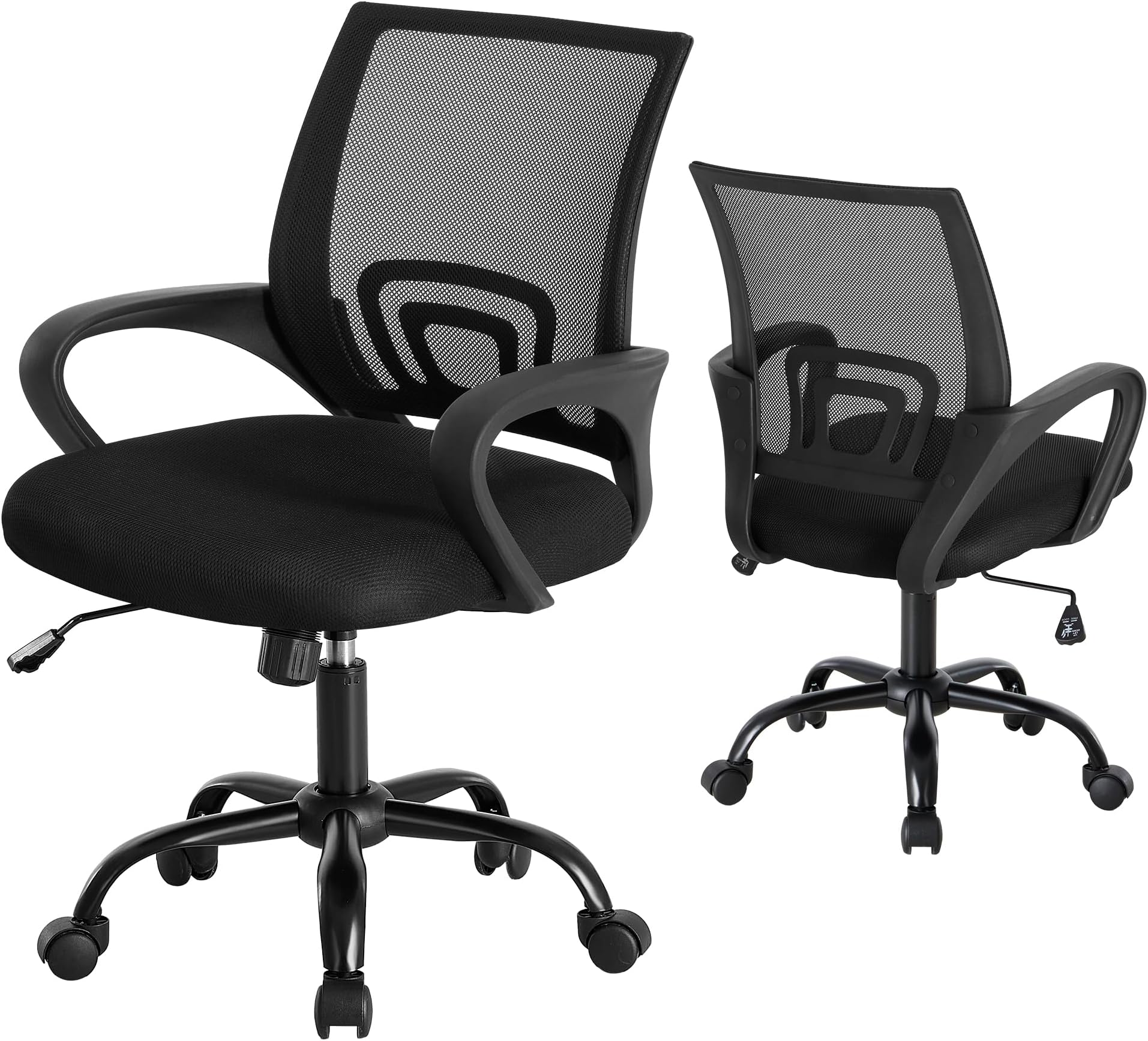 OLIXIS Office Desk Chair - Ergonomic Mid Back with Lumbar Support & Rocking Mode, Height Adjustable with Fixed Armrest, Storage Back for Computer, Gaming, Conference, Meeting, 360° Swivel, Black