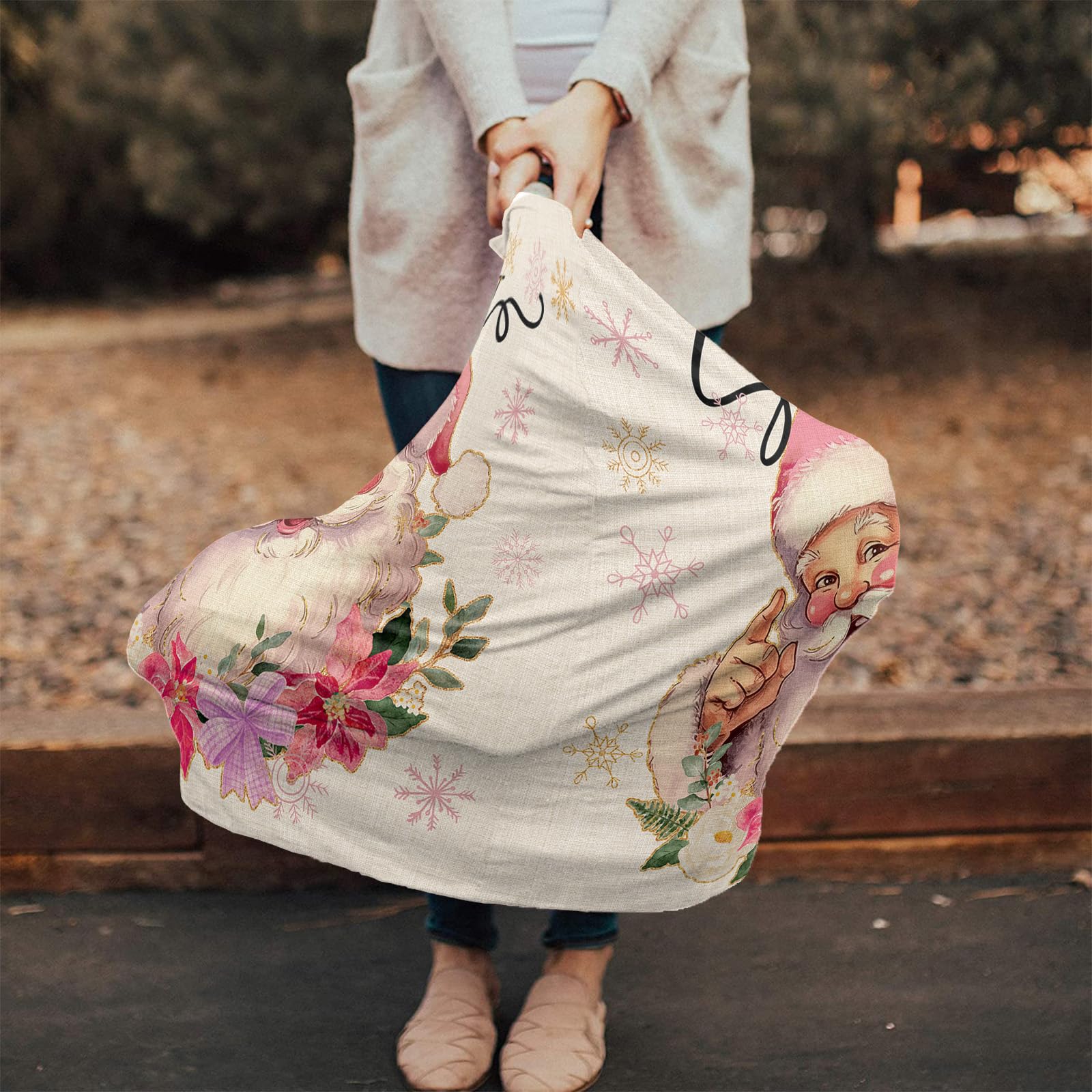 Nursing Cover for Breastfeeding Scarf, Merry Christmas Smiling Santa Claus Pink Flowers Baby Car Covers Super Soft Multi Use for Canopy Shopping Cart Cover Blanket Stroller Cover