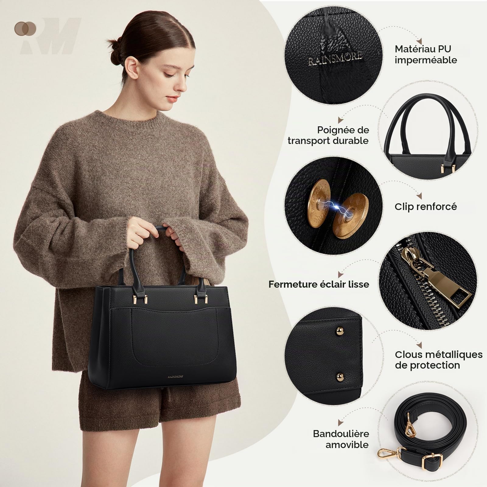 RAINSMORE Sac a Main Femme PU Cuir Sacs à Main Portés Sac à Bandoulière Cabas Fourre Tout Femme Imperméable pour Université Voyage Travail Décontracté