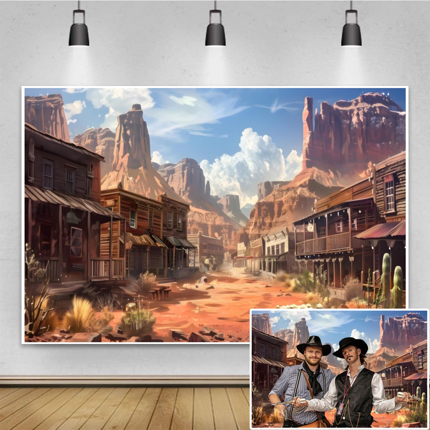 Renaiss 10x7ft Old Western Cowboy Town Bankdrop Desert Wooden House Stone Mountain Photography Background Sand Dune Sparse Green Shrub Plant Blue Sky