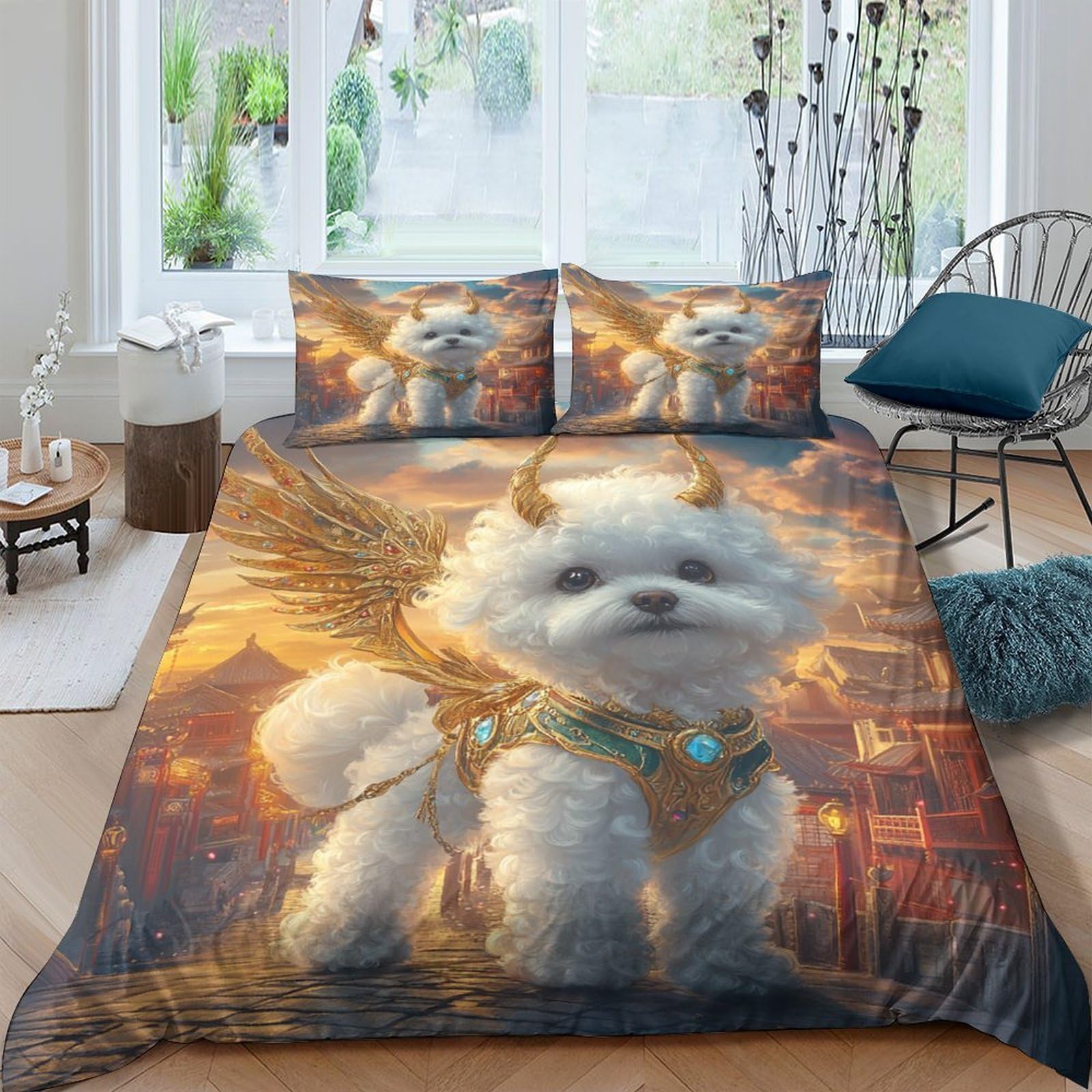 ali di cane fantasy Impressione 3D 3 pz cover piumone fantasia di animali domestici mitologici fodera per edredone microfibra morbida antiacari per bambini ragazzi donne King（220x240cm）