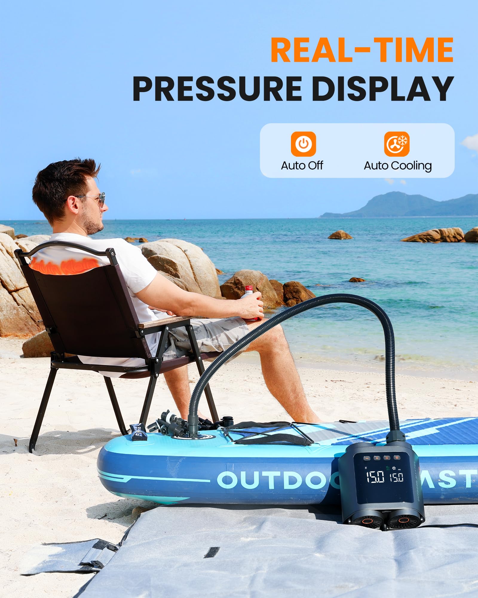OutdoorMaster Vortex Bomba Eléctrica para Paddle Board Portátil, Máx 20PSI Inflador & Desinflador Bomba de Aire Electrica, Entrada DC 12V/15.8V, Apagado Automático & Refrigeración con 8 Boquillas