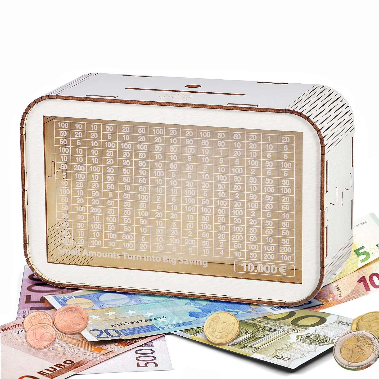 LOVLEY Salvadanaio 10000 Euro | Conta Soldi | Legno | Nummer | Riutilizzabile per adulti | Bianco (disegno mappa del mondo)