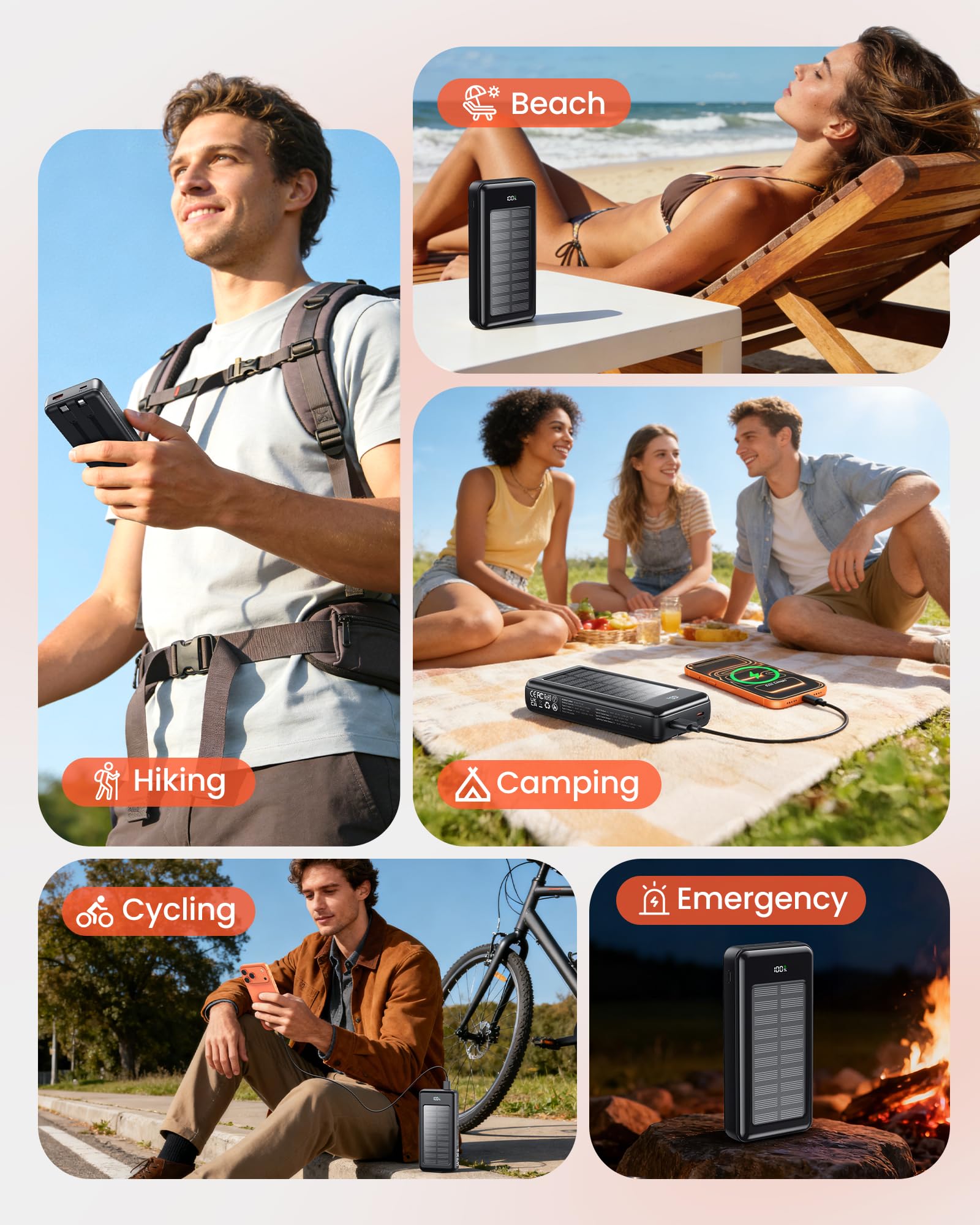 Solar Powerbank 27000mAh, Power Bank mit 2 Kabeln, 22,5W Schnelllade Powerbank Tragbares Ladegerät geeignet für Smartphones