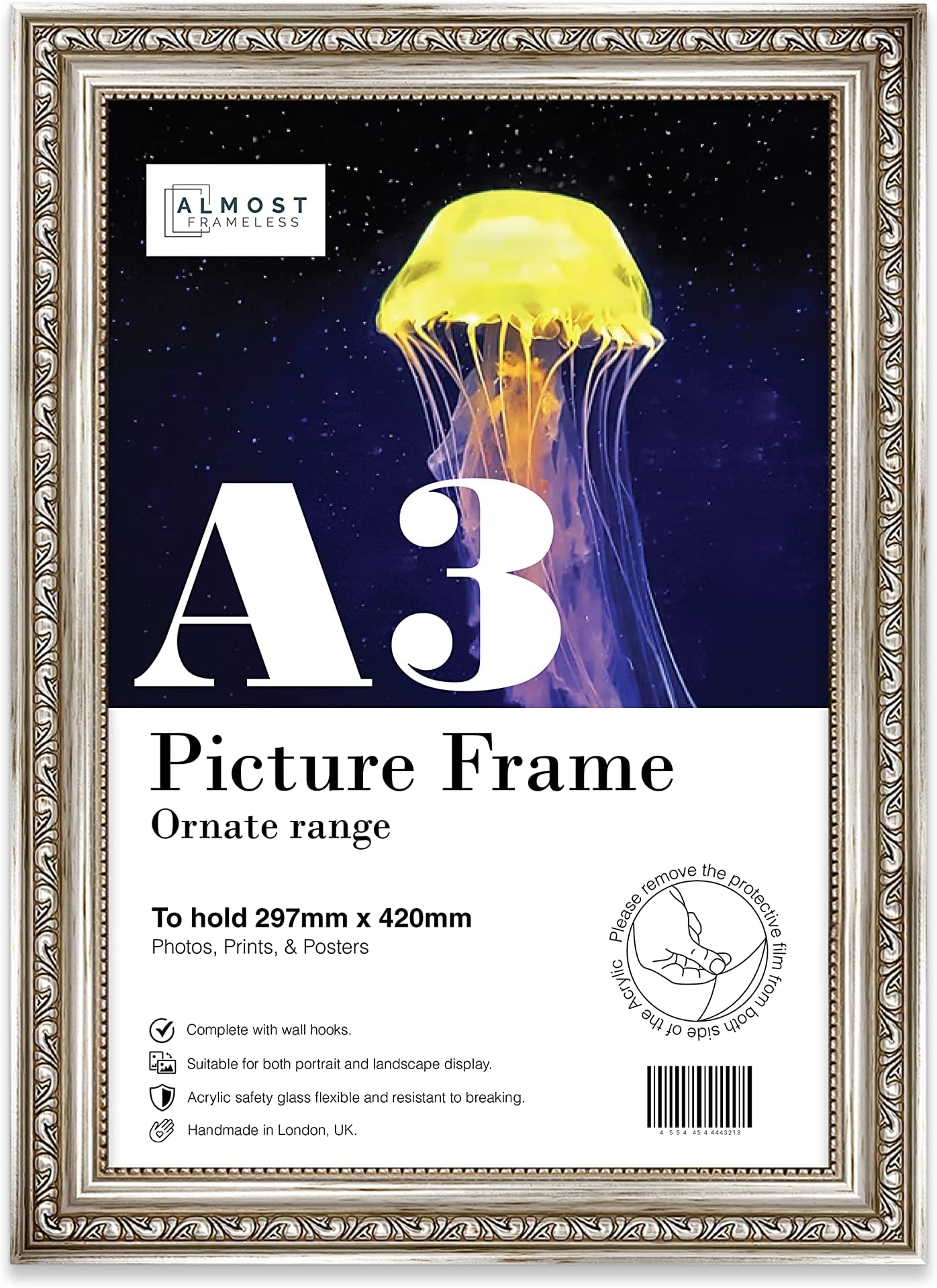 A3 Silver Ornate Picture Frame Fits A3 (29.7 x 42cm - 11.7 x 16.5in) Poster, Photo, Artwork, or Print. Antique Style Portrait and Landscape Display with Wall Hooks