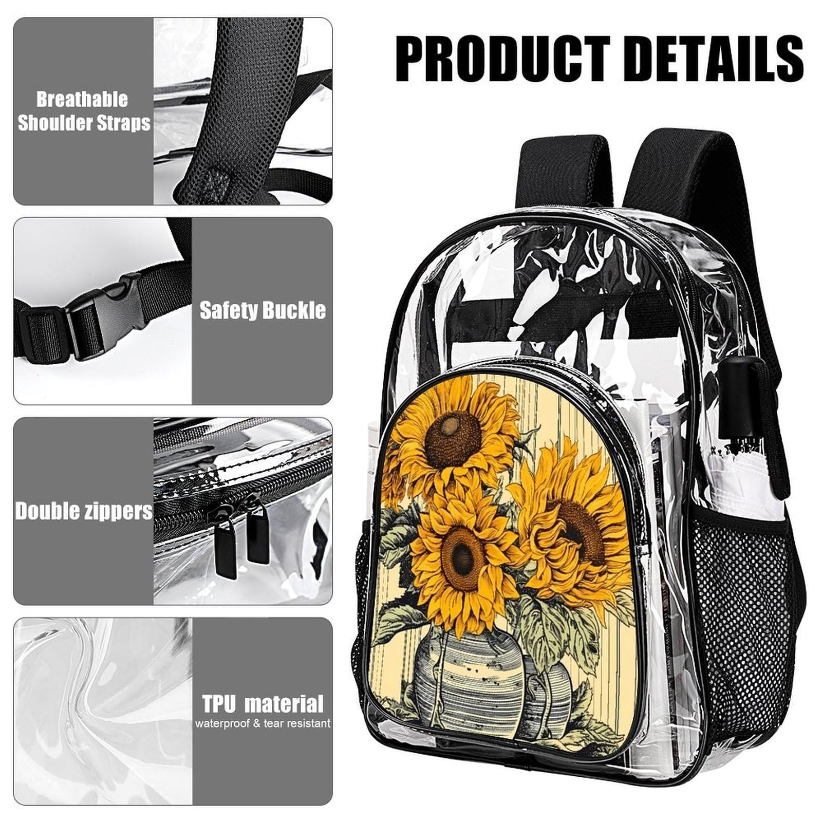 Transparenter Rucksack mit Sonnenblumenmuster, groß, transparent, PVC, Büchertasche für Sicherheit, Arbeit, Reisen, Stadion