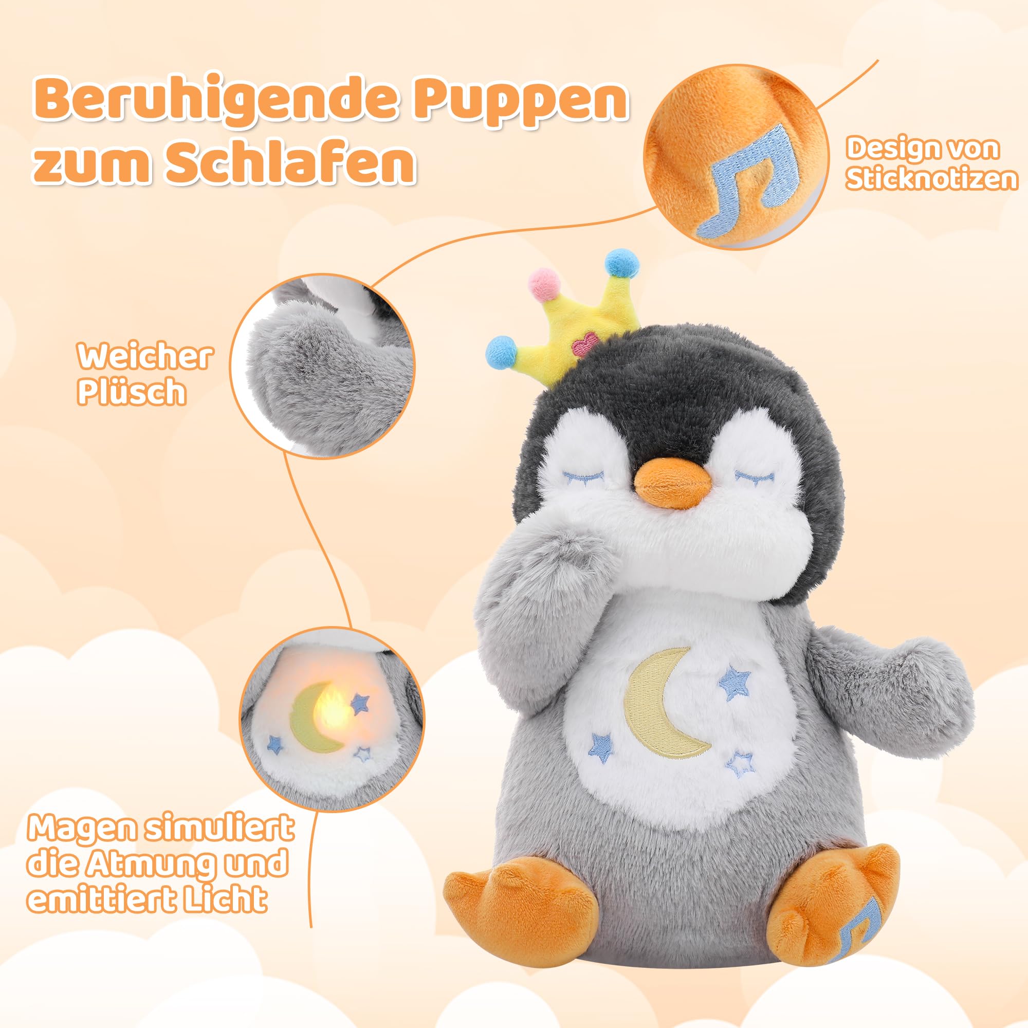 Edencomer Breathing Penguin Teddy, Newborn Toys with Simulated Breathing, Soothing Music & Night Light, Anxiety Relief Plush - Image 2