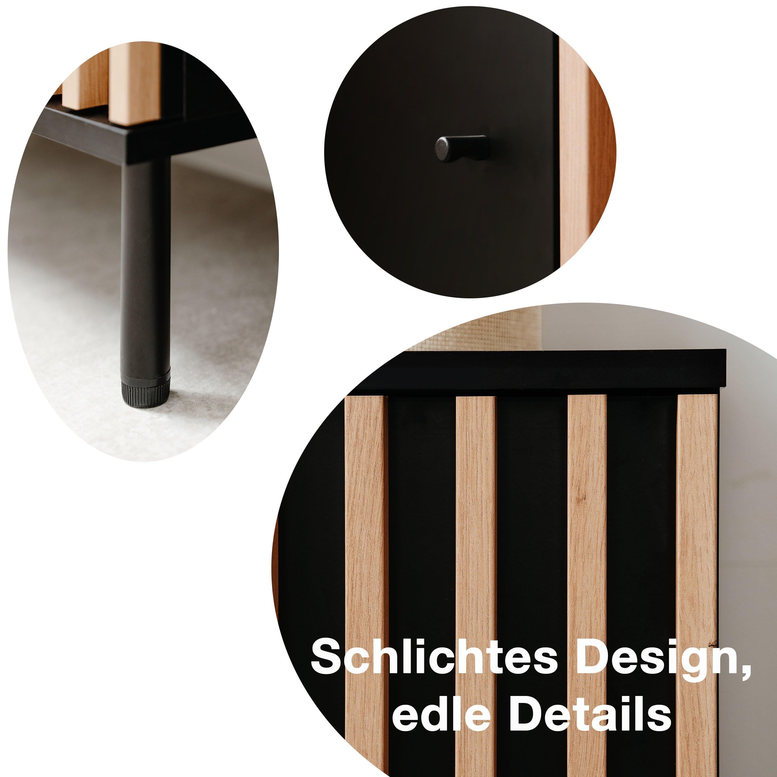 Newroom Kommode mit Schubladen Schwarz Wildeiche Sideboard Flur | Lamellenfront Vintage, 2 Türen und 4 Fächer, Anrichte Highboard modern, Metallbeine, Wohnzimmer Schlafzimmer