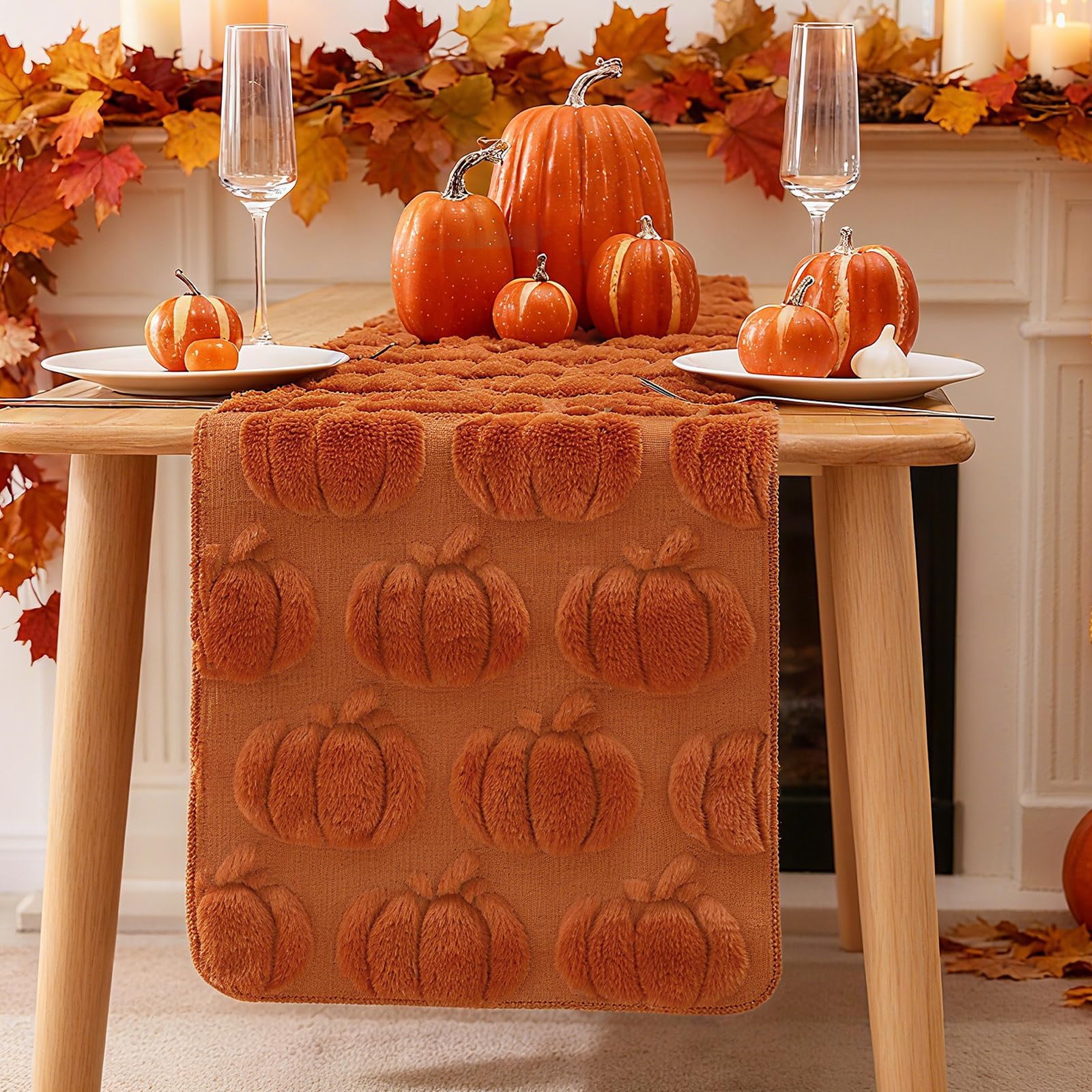 BINBE Table Runner Faux Fur Soft Plush Cute Fall Table Runner for Pumpkins Kitchen Dining Table Decoration Home Party Decor 13x72 Inch Caramel
