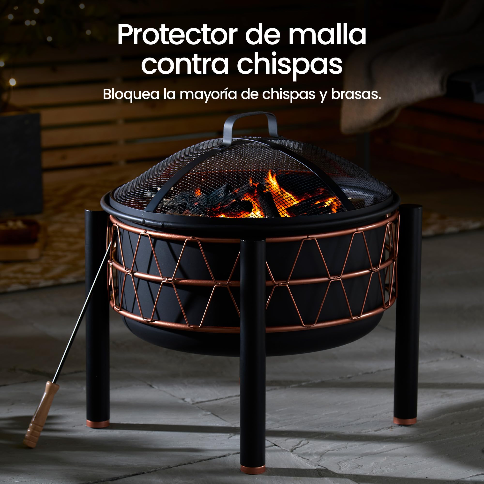VonHaus Brasero – 2-en-1 con Parrilla BBQ para Exterior, jardín y Patio, en Acero Negro con Detalle Cobre, Incluye atizador y Tapa de Malla, Compatible con leña o carbón