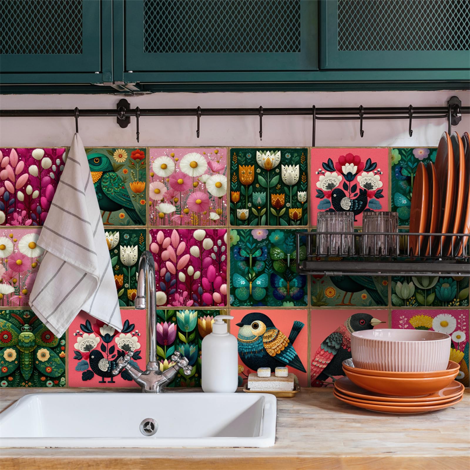 Adhesivos para azulejos, Pegatinas de pared autoadhesivas vinilo con diseño pájaros, resistentes al agua y aceite, for decoración del hogar(15X15CM/24PCS)