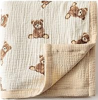 Little Jump Teddy Bear Muslin Swaddle Blanket - 2 Layer Breathable Cotton Crib Quilt for Boys & Girls, 47x47 Inch Toddler Blanket
