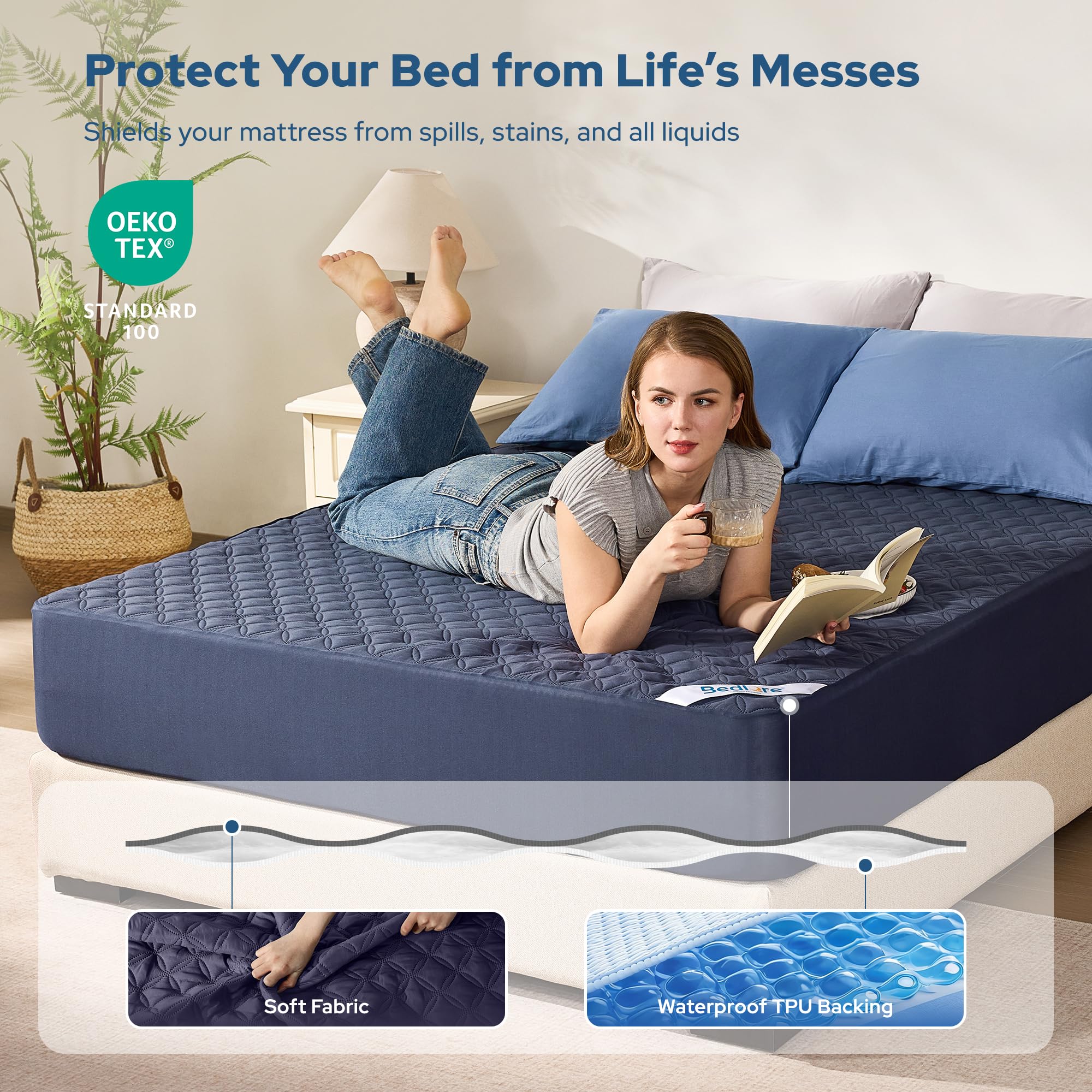 BEDLORE Wodoodporny ochraniacz na materac, bezgłośna podkładka na materac w rozmiarze queen z głęboką kieszenią, głębokość 15–53 cm, miękki i oddychający pokrowiec na materac na łóżko, nadaje się do