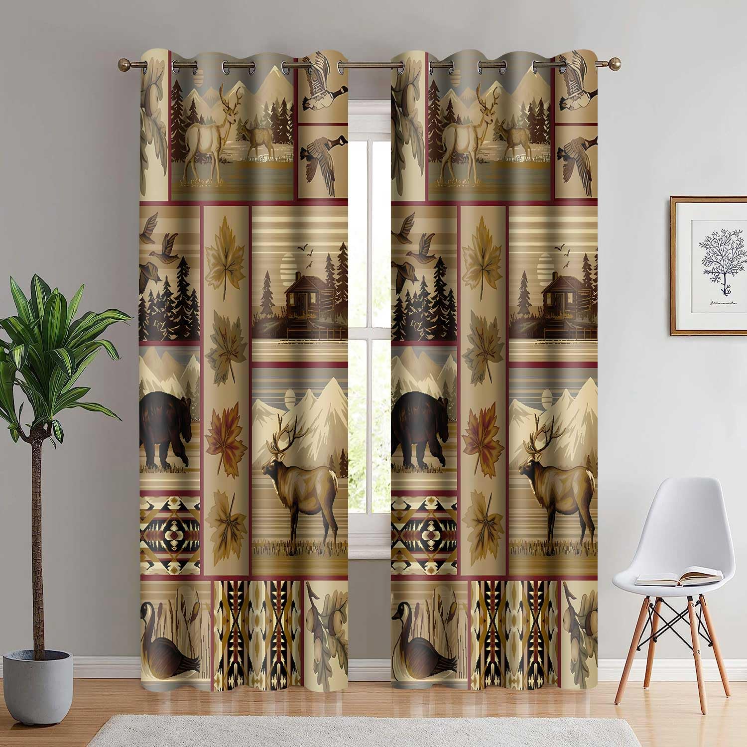 MIZSYE Retro Rustic Blackout Curtains Wildlife Bear Deer Farmhouse Chalet Snowy Mountain Plaid Window Drapes Insulated Blackout Privacy Curtain for