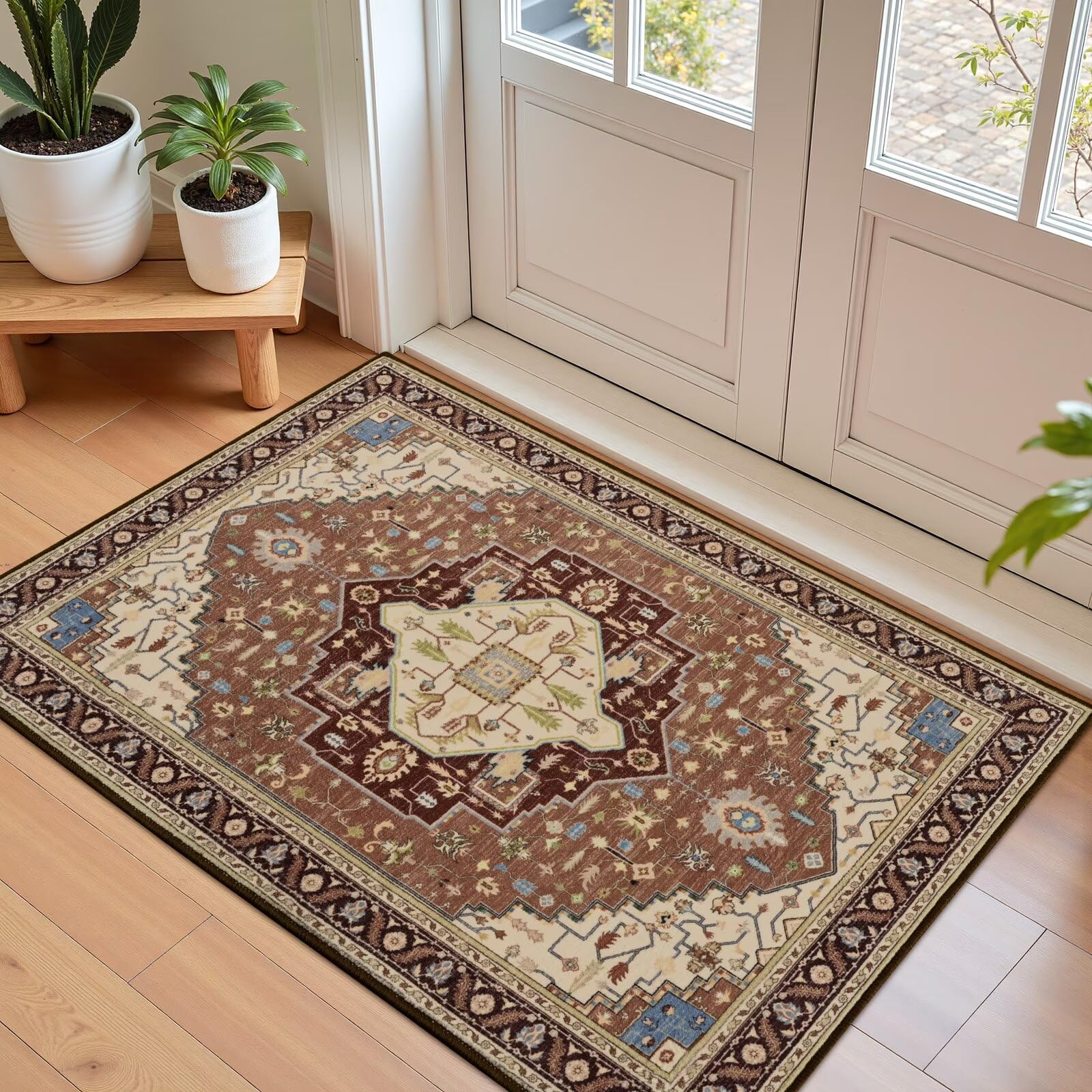 Macgace 2x3 Mousse Brown Small Area Rug for Entryway, Soft Washable Rugs with Non-Slip Backing for Bedroom Kitchen, Vintage Throw Carpet Laundry Entry