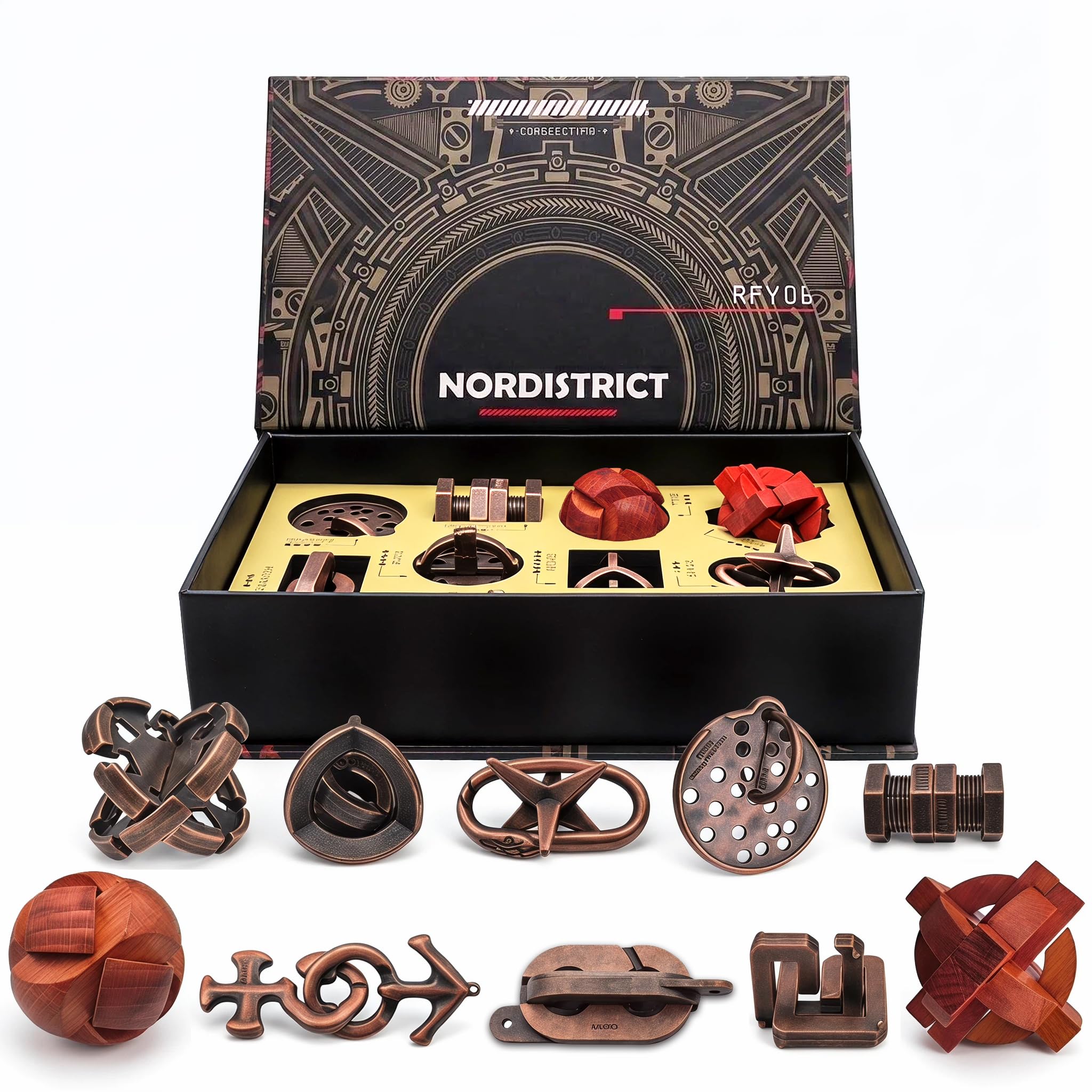 NORDISTRICT Brain Teaser Puzzle Set for Adults, 10PCS Metal & Wooden Interlocking Puzzles, Mechanical IQ Mind Games, Disentanglement Logic Challenges with Magnetic Gift Box, Gifts for Adults & Teens