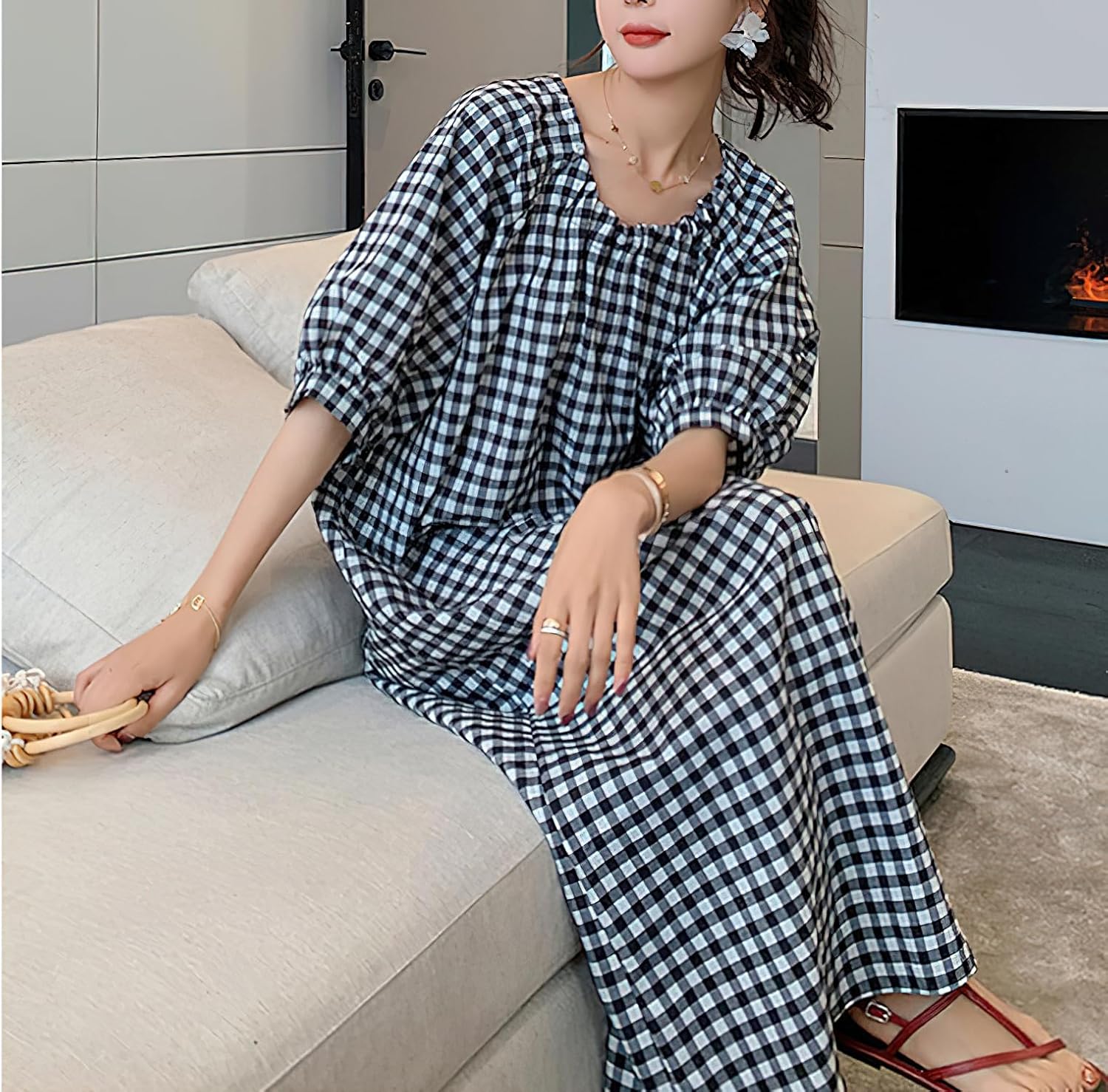 chouyatou Women's Casual Gingham Loose-Fit Swing Dress Cotton Lantern Puff Sleeve Plaid Midi Long Dress - Image 8