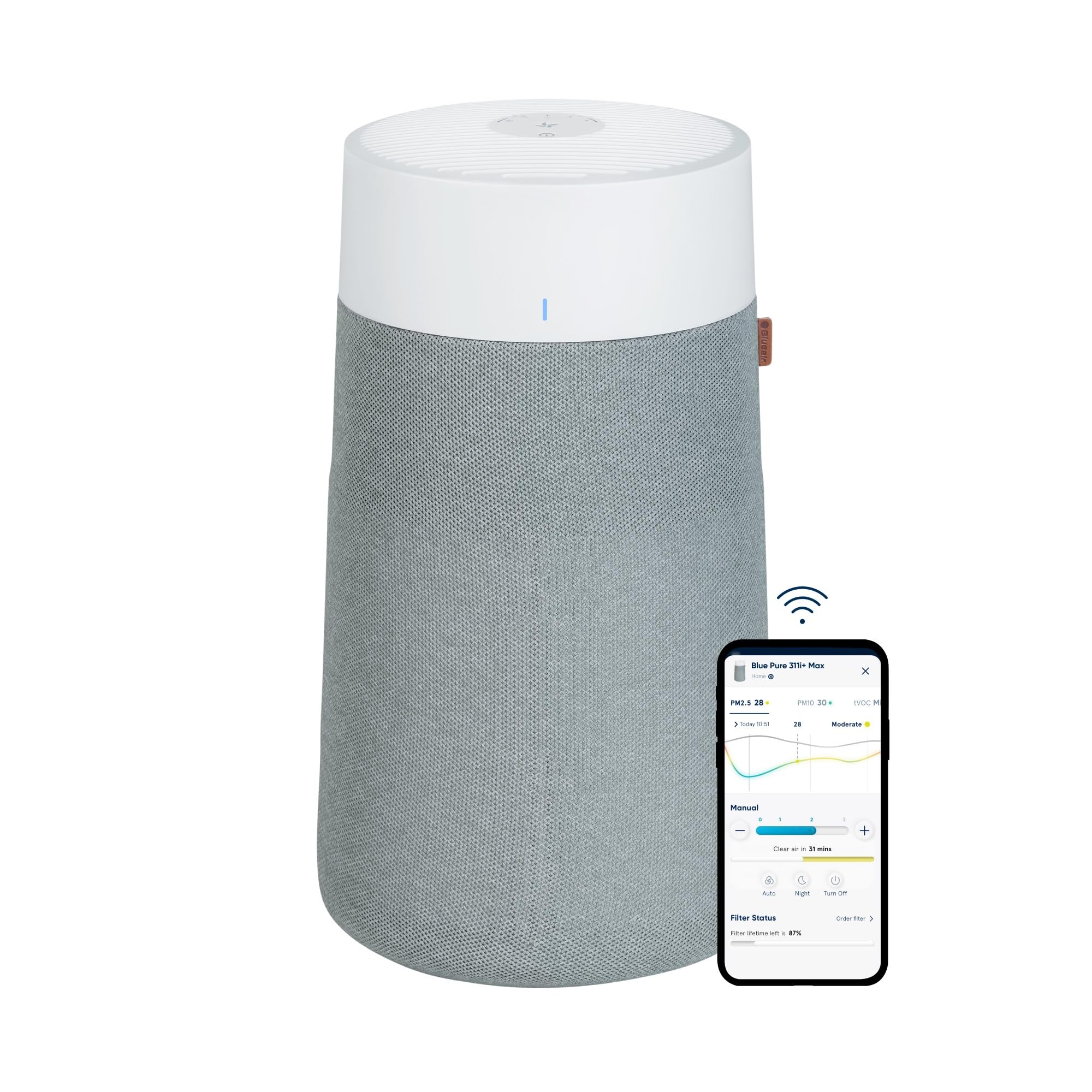 BLUEAIR Purificador de aire para salas grandes y dormitorios, limpia 206 m2/hora, limpiador de aire inteligente HEPASilent para mascotas, alérgenos, virus, polvo, moho y humo, Blue Pure 3450i Max