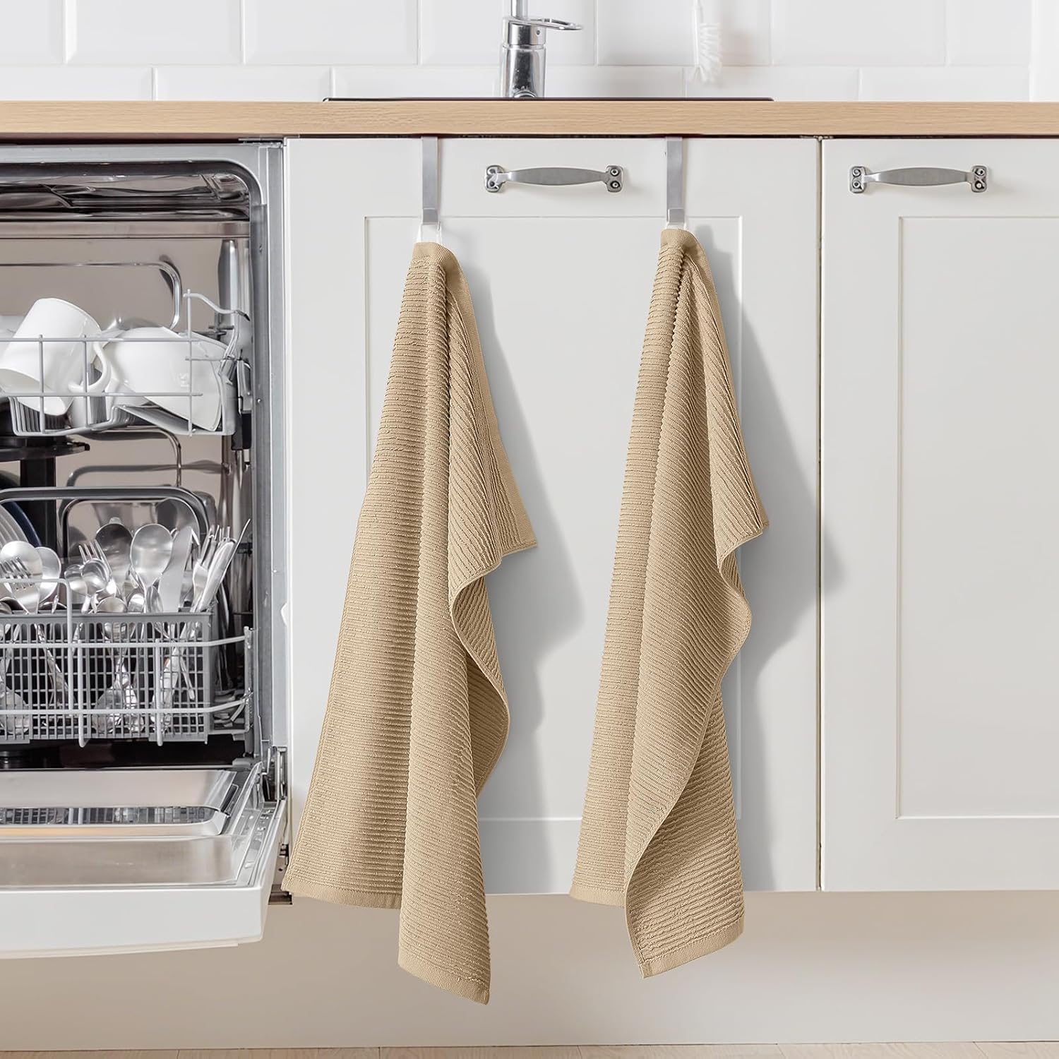 Homaxy Premium Kitchen Towels (18"x 28", 6 Pack), Large 100% Cotton Kitchen Hand Towels, Ultra Absorbent Ribbed Terry Tea Towels Set with Hanging Loop, Khaki - Image 7