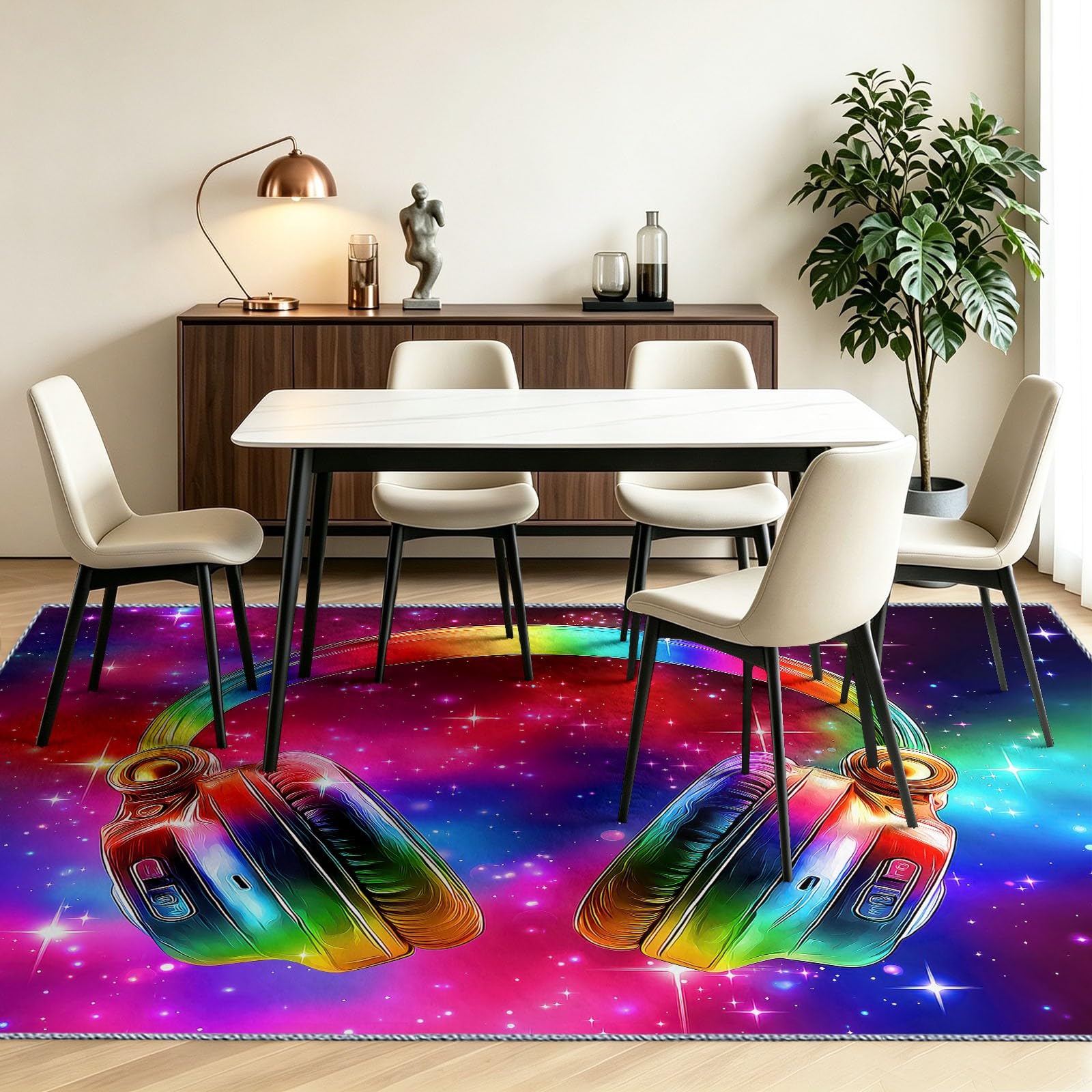 Tappeto a pelo corto lavabile, 160 x 230 cm, con musica pop art, morbido, antiscivolo, facile da pulire, design con cuffie, per interni come camera da letto, cucina, cameretta dei bambini, corridoio