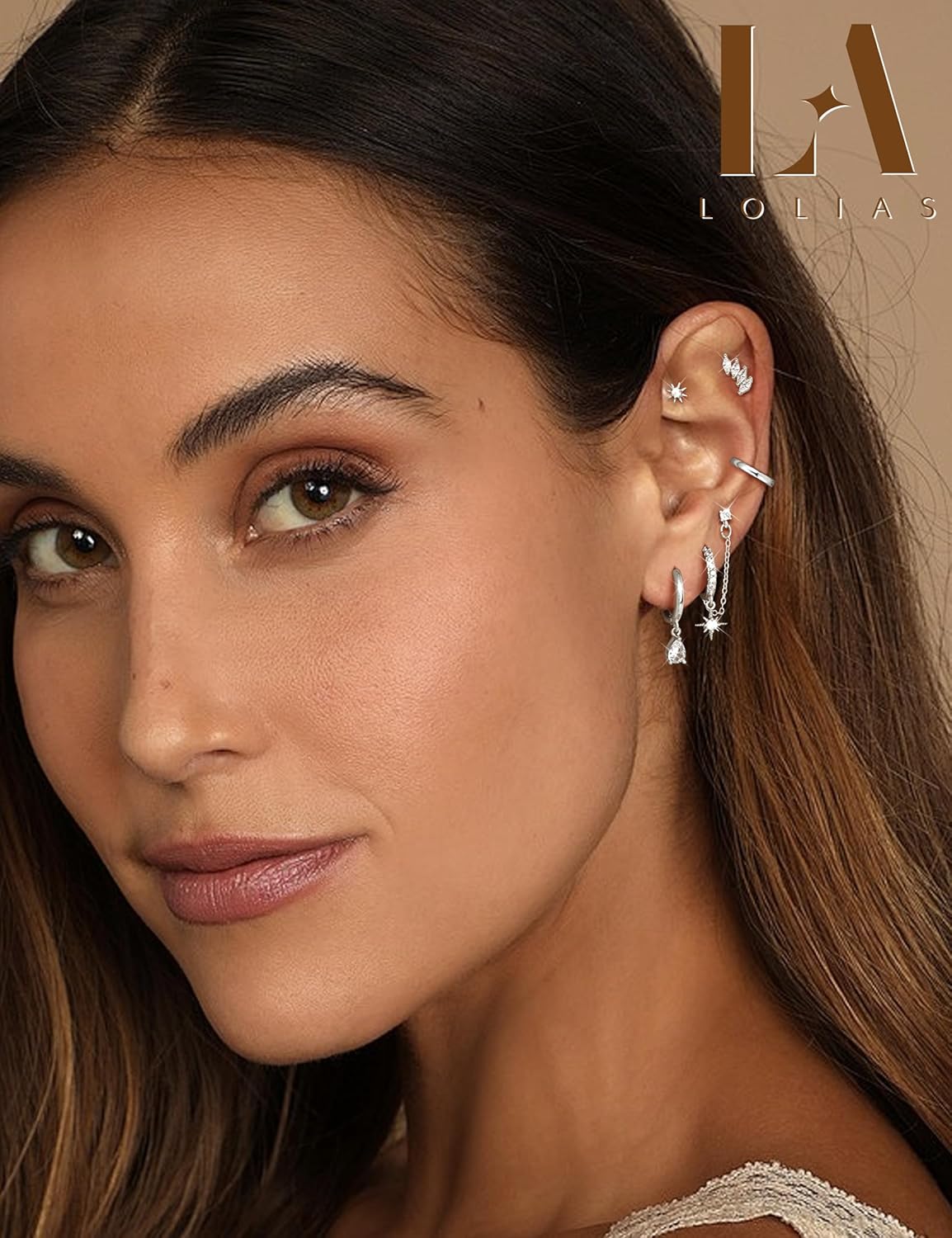 LOLIAS Hypoallergenic 14K Gold Plated Hoop Stud Earring Stacks for Women Trendy - Chain Cartilage Earrings Cute Silver Huggie Earrings Sets for Multiple Piercing Jewelry Lightweight 8Pairs - Image 3