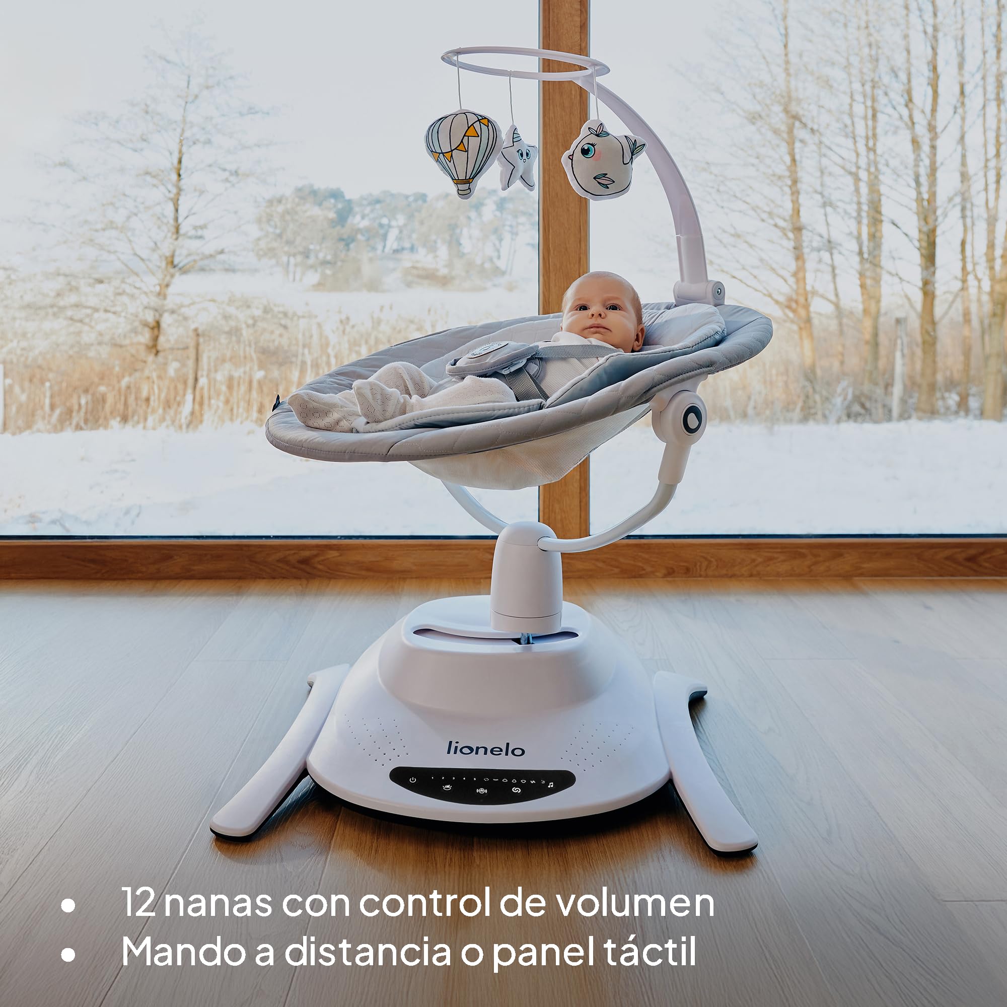 LIONELO Bella Set 2 en 1 - Hamaca eléctrica con capazo 360o para bebés de hasta 9 kg, respaldo reclinable, 5 velocidades de balanceo Cinturón de seguridad antideslizante