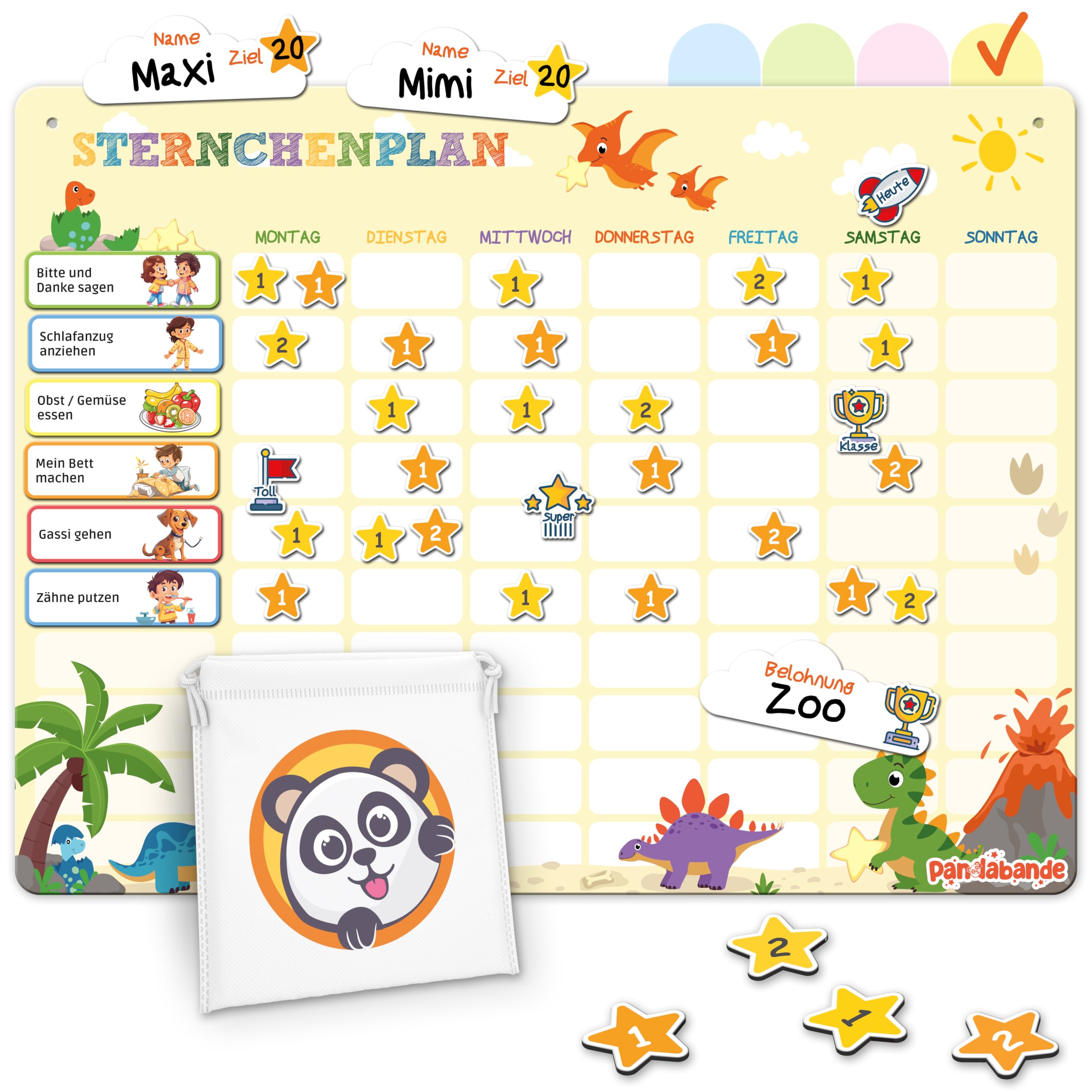 »PANDABANDE« Belohnungstafel Kinder [100 Aufgaben, 200 Sterne, 1-2 Kinder] - Belohnungssystem für mehr Verantwortung - Idealer Aufgabenplaner Magnetisch (Dinosaurier)