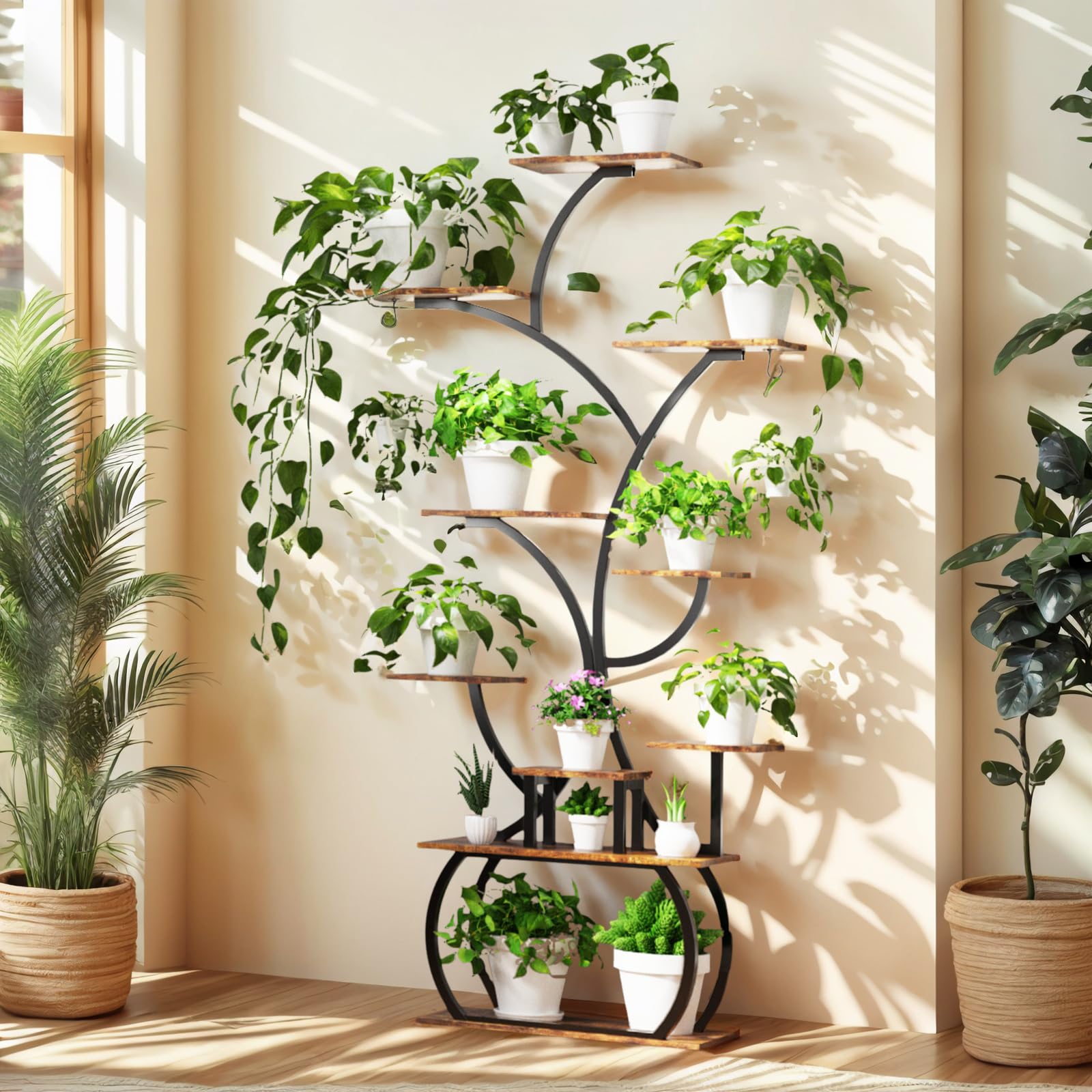 LEADZM Support plantes interieur avec lampes de croissance, étagère à 10 niveaux, en métal, grande étagère de présentation pour plantes, pour la maison, la terrasse (Noir, Forme d'arbre)