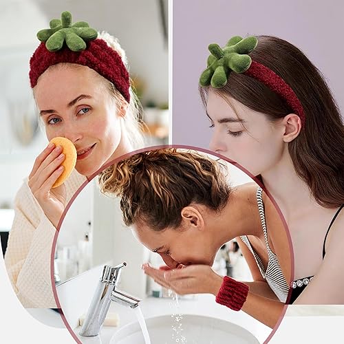 Miniatura 6 de Ivyu Juego de diademas y pulseras para el cuidado de la piel de spa, diadema de maquillaje de fresa para mujeres y niñas, diadema de esponja