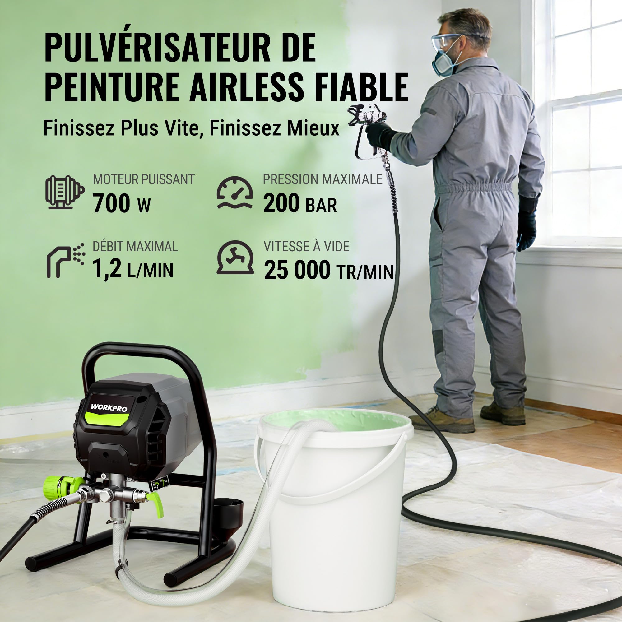 WORKPRO Pulvérisateur de Peinture Airless 700 W | 2900 PSI/200 Bar Haute Efficacité sans Dilution avec Rallonge, Pistolet à Peinture Électrique pour Intérieur et Extérieur