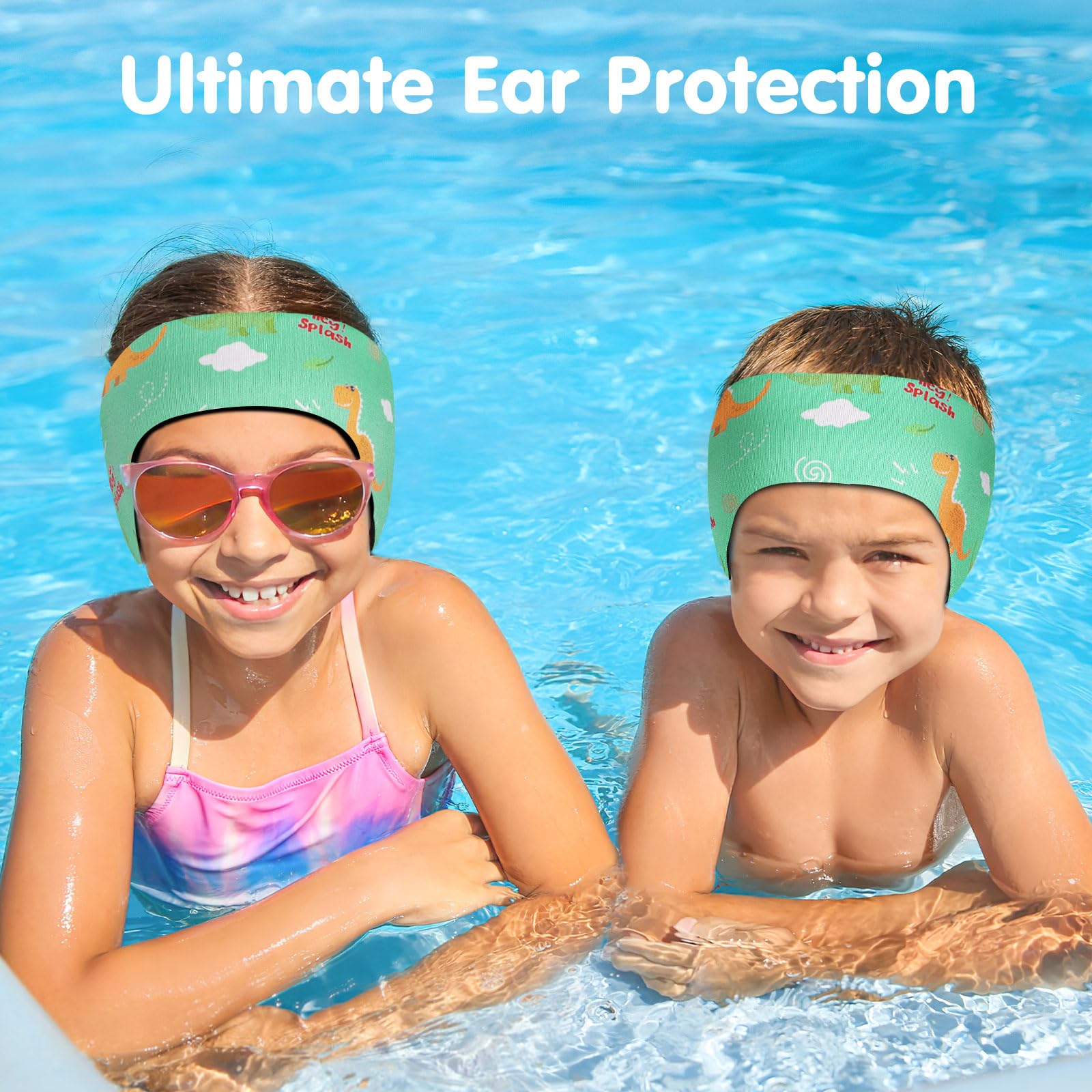 HeySplash Banda para Cabeza de Natación de Neopreno para Niños, Diadema de Oídos Ajustable y Antideslizante Buena Elasticidad para Surf Buceo Boga y Rafting, Talla M, Dinosaurio
