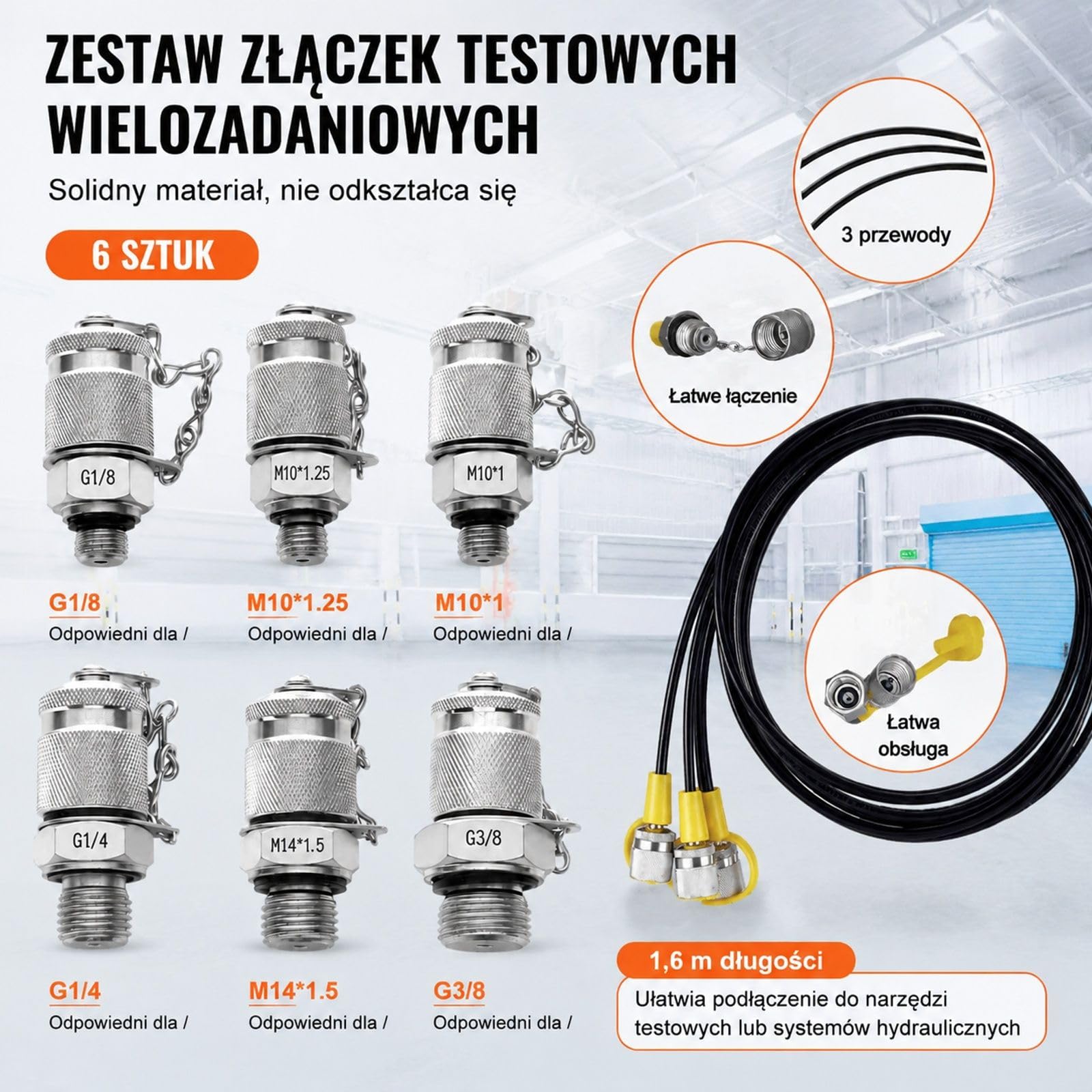Zestaw do pomiaru ciśnienia hydraulicznego 250/400/600 bar, 3 manometry, 6 złączy, 3 węże, torba do koparek, ciągników, maszyn budowlanych