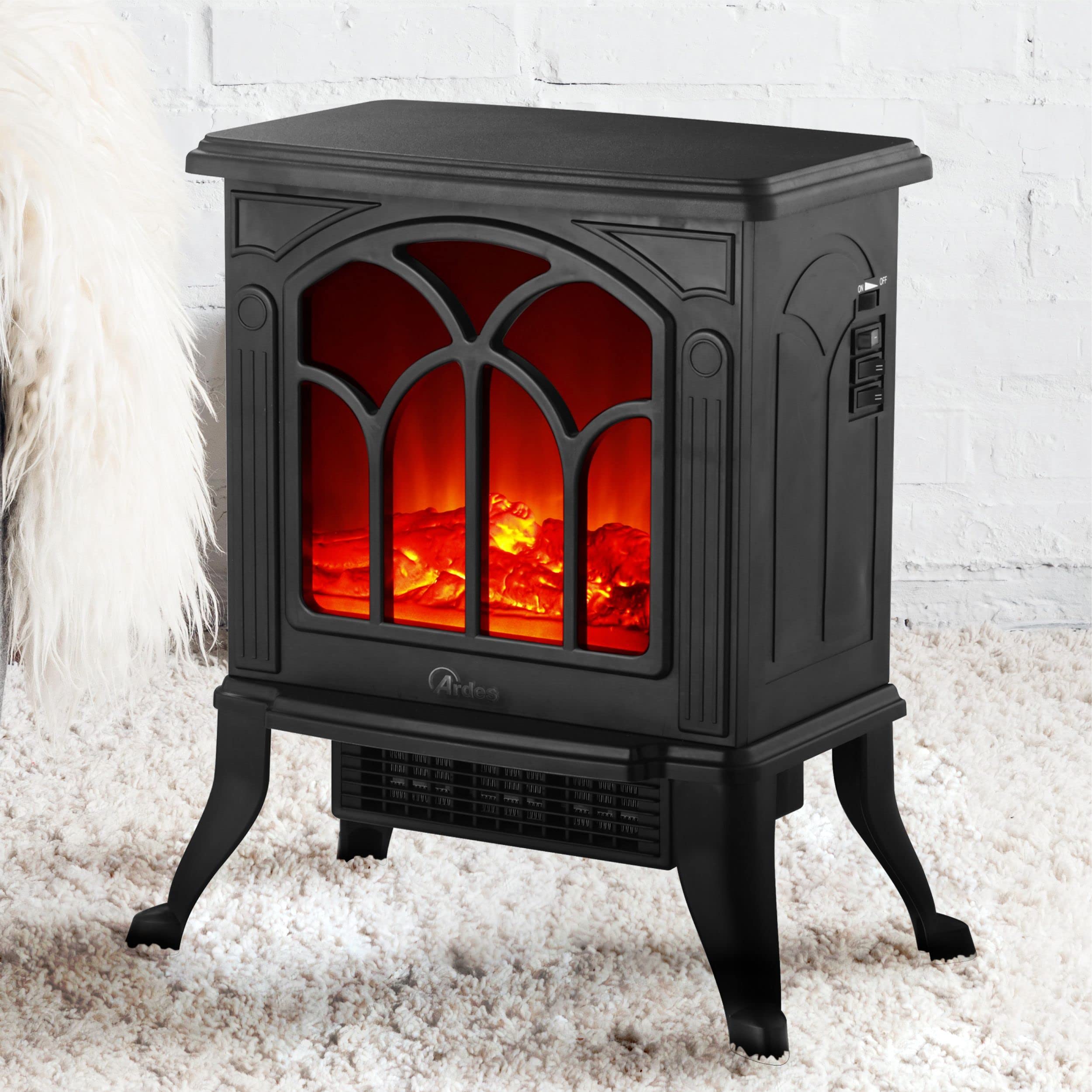 ARDES - AR354 Chimenea eléctrica cerámica efecto madera ardiente, regulable y con termostato, estufa eléctrica efecto chimenea clásica negra | Independiente, 2 niveles de calor y cobertura 45 m³, estufa eléctrica de bajo consumo