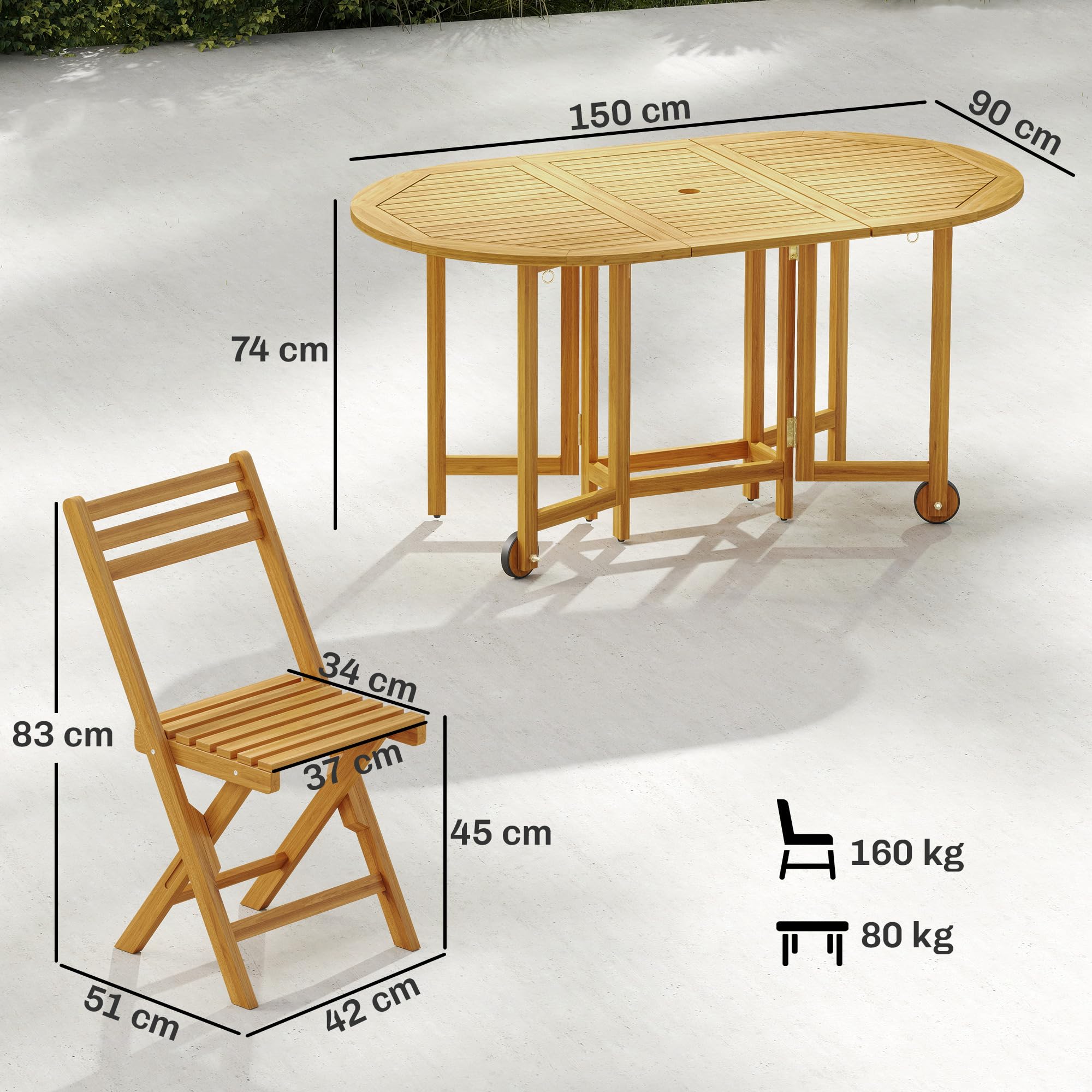 Outsunny Set Tavolo e Sedie da Giardino 7 Pezzi in Legno Acacia Pieghevole con Foro Ombrellone Ruote