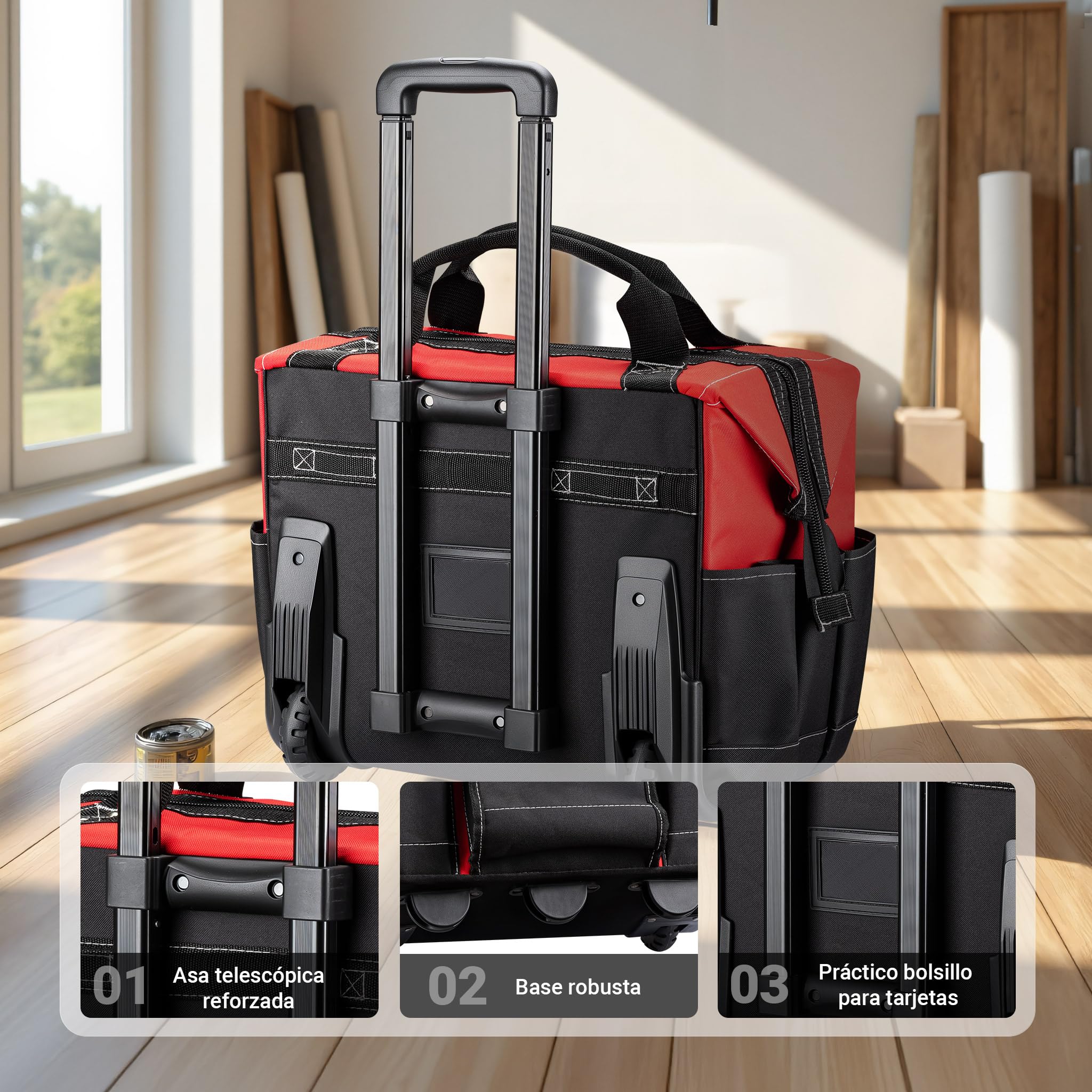 Wiltec Maleta de herramientas con ruedas 19 compartimentos 46 x 25 x 37 cm capacidad máx. 40 kg trolley con asa telescópica para ajuste fácil, pies antideslizantes, organizador