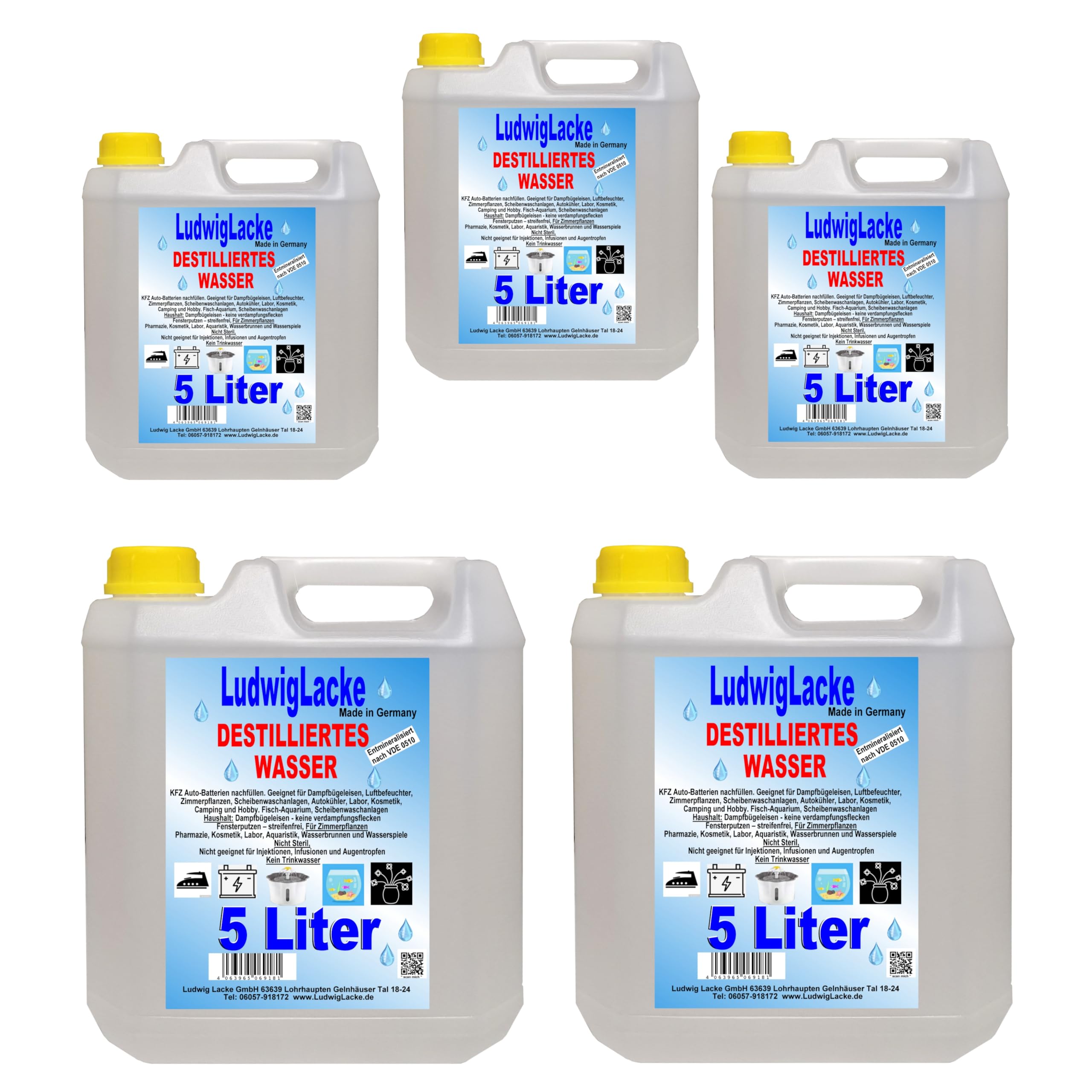 LudwigLacke Destilliertes Wasser, 5 x 5 Liter Kanister, Premium Qualität, Made in Germany