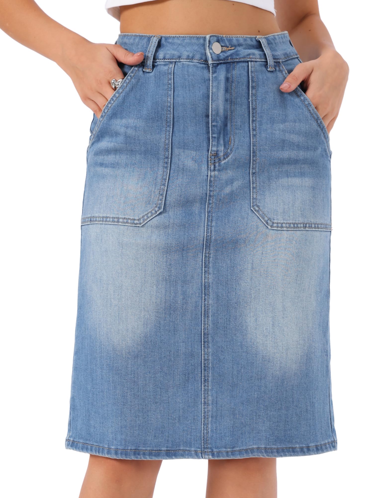 Allegra K Femme Jupe en Jean Stretch Classique Coupe Crayon | Taille Haute Fente Dos Poches Longueur Genou Coupe H Ligne Jupe Midi Denim Décontractée Ouest
