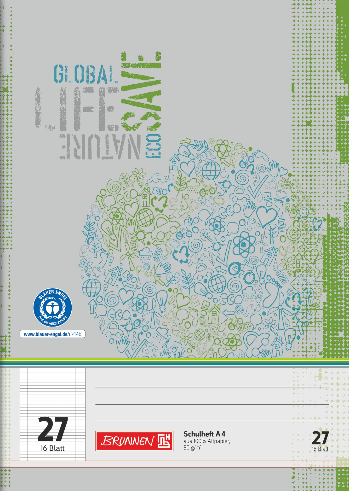 BRUNNEN Recycled Exercise Book, A4, ruling 27, 16 Sheets, Green/Grey