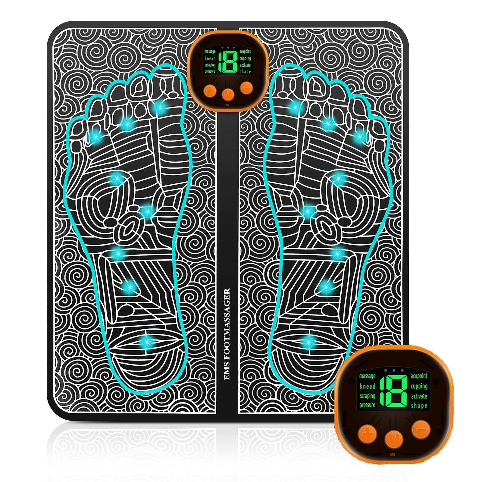 Masseur de Pieds EMS Portable, Tapis Masseur des Pieds Électrique Pliable avec 8 Modes et 19 Niveaux d'Intensité, pour Circulation Sanguine et Relaxation Musculaire
