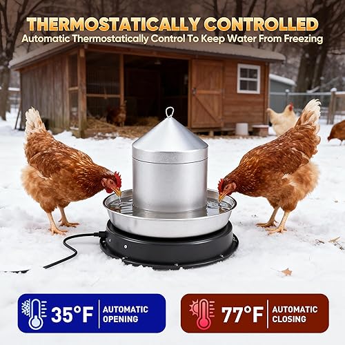 Miniatura 2 de Calentador de agua de pollo para invierno, bebedor de pollo de 110 W, base calentada, calentador de agua de pollo de 11 pulgadas con termostato