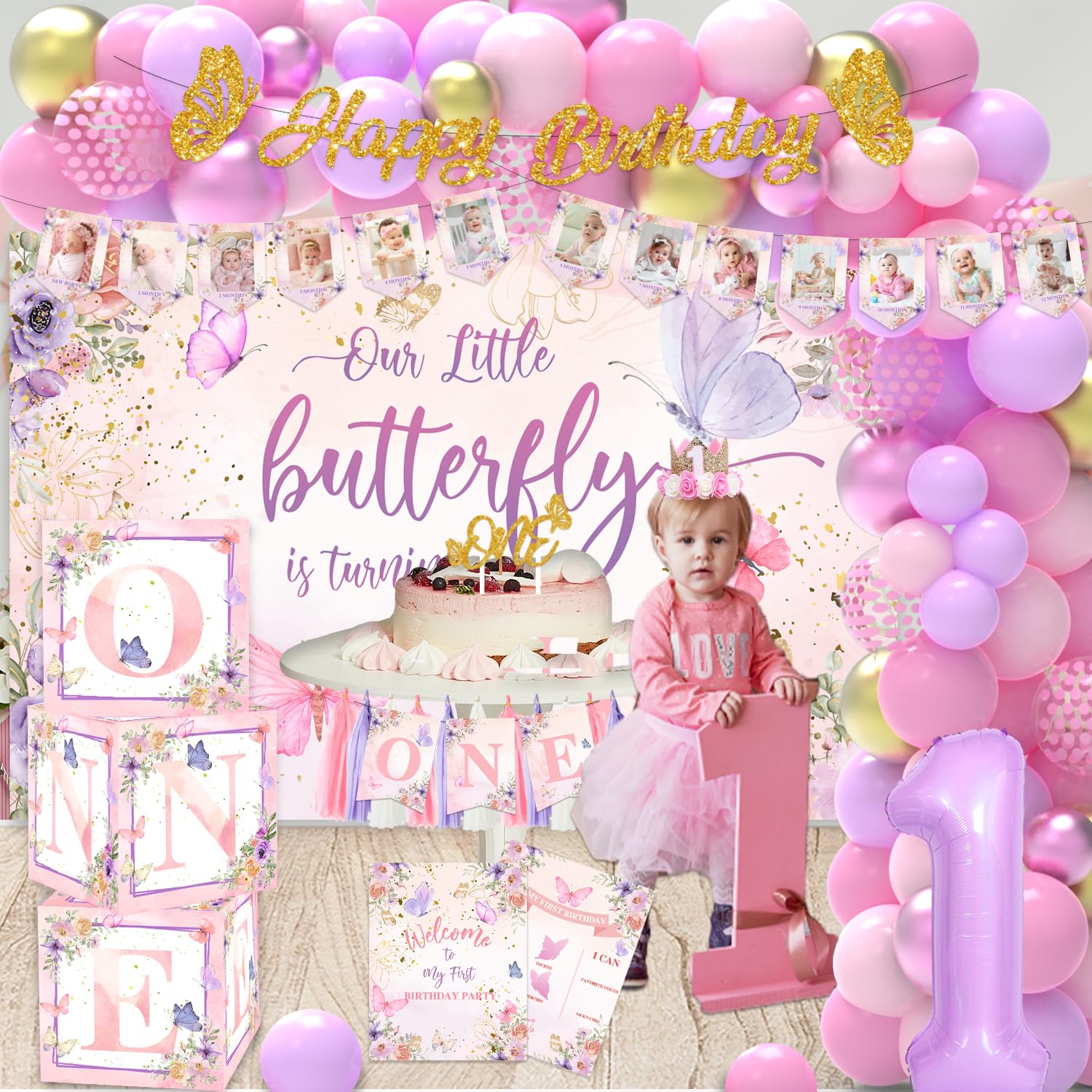 Wonderland Flowers Butterfly Balloons Backdrop For Girl 1st One Year Old First Birthday Cake Smash Decor Backdrop Photo Studio Photography Background | IE - View #2